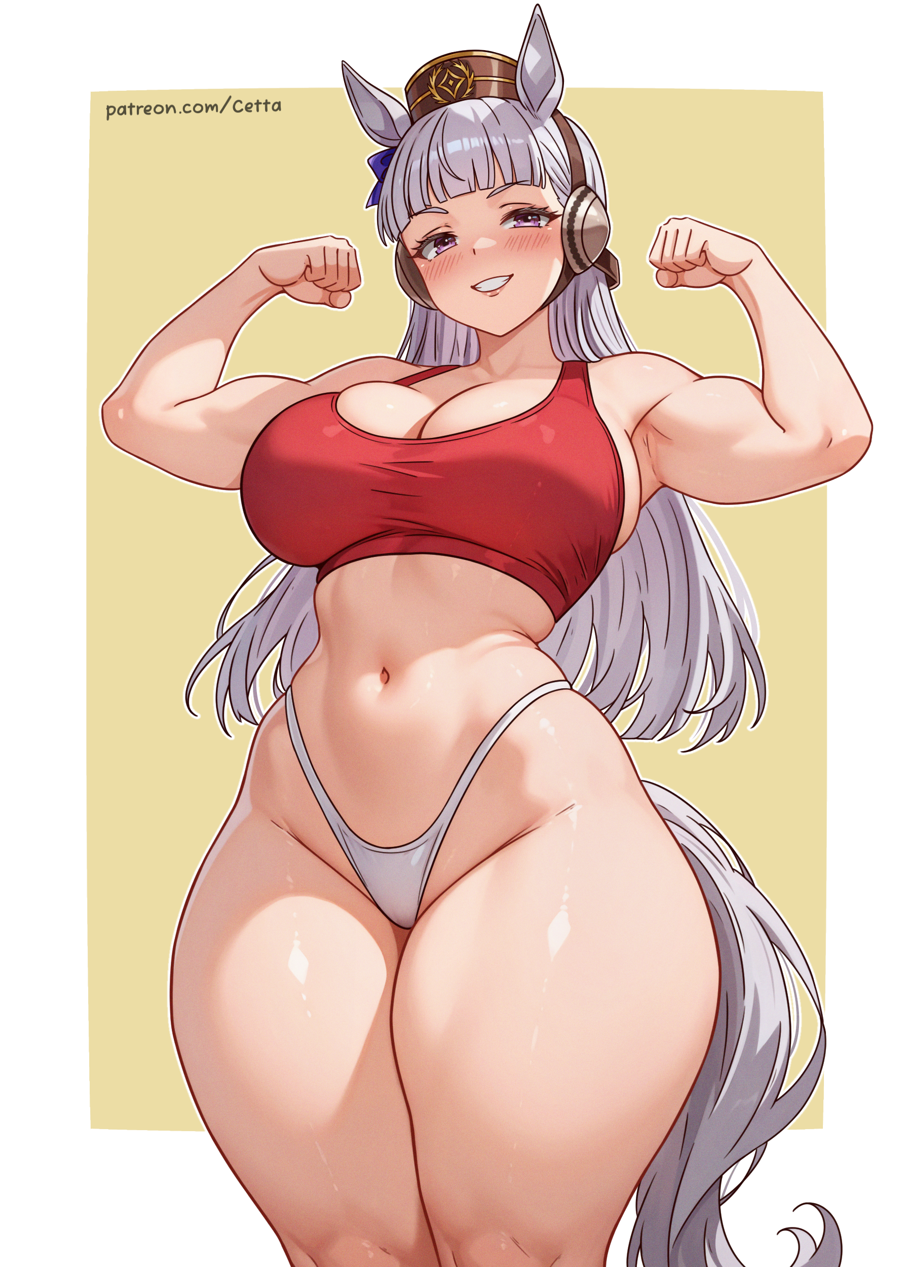 reus (cetta), gold ship (umamusume), umamusume, absurdres, commentary, highres, 1girl, animal ears, arms up, blush, border, breasts, brown hat, clenched hands, grey hair, hat, highleg, highleg panties, horse ears, horse girl, horse tail, large breasts, long hair, looking at viewer, muscular, muscular female, navel, outside border, panties, pillbox hat, red sports bra, simple background, smile, solo, sports bra, tail, thick thighs, thighs, underwear, white border, white panties, yellow background