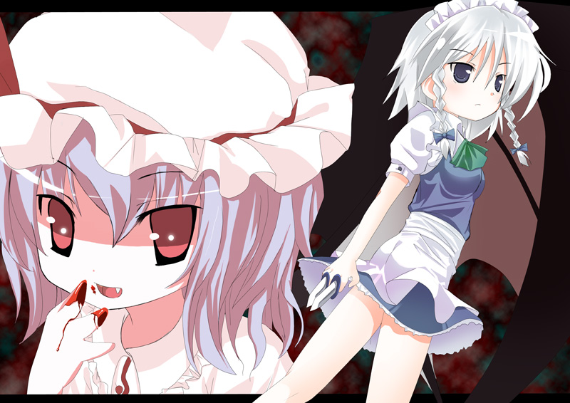 omiso, omiso (omiso), izayoi sakuya, remilia scarlet, touhou, bad id, bad pixiv id, 2girls, between fingers, blood, fang, female focus, holding, knife, maid, multiple girls, throwing knife, weapon