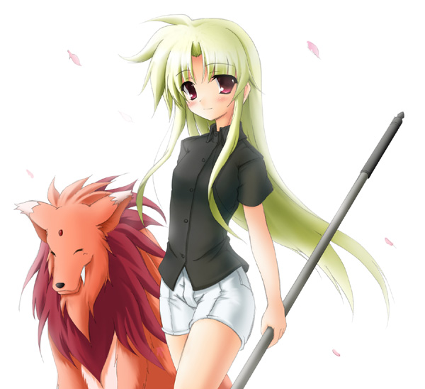 aoi wakusei, arf, bardiche (nanoha), fate testarossa, lyrical nanoha, mahou shoujo lyrical nanoha, 00s, 1girl, blonde hair, cowboy shot, creature, holding, holding weapon, long hair, looking at viewer, polearm, red eyes, rod, short shorts, shorts, sidelocks, simple background, staff, standing, thighs, very long hair, weapon, white background