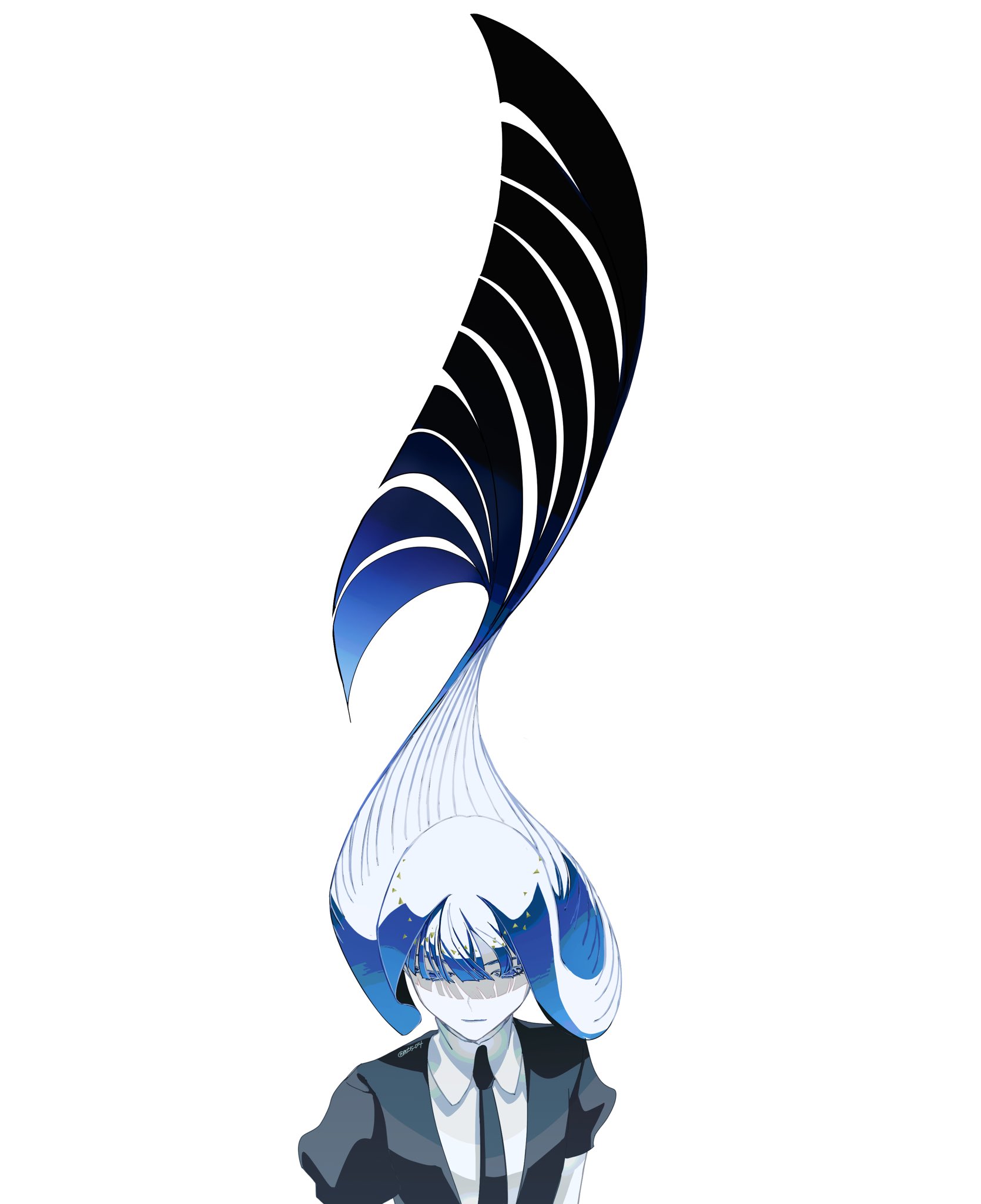 mt5 014, lapis lazuli (houseki no kuni), houseki no kuni, commentary request, highres, black necktie, blue eyes, blue hair, blunt ends, colored skin, gem uniform (houseki no kuni), long hair, necktie, puffy short sleeves, puffy sleeves, short sleeves, simple background, very long hair, white background, white skin