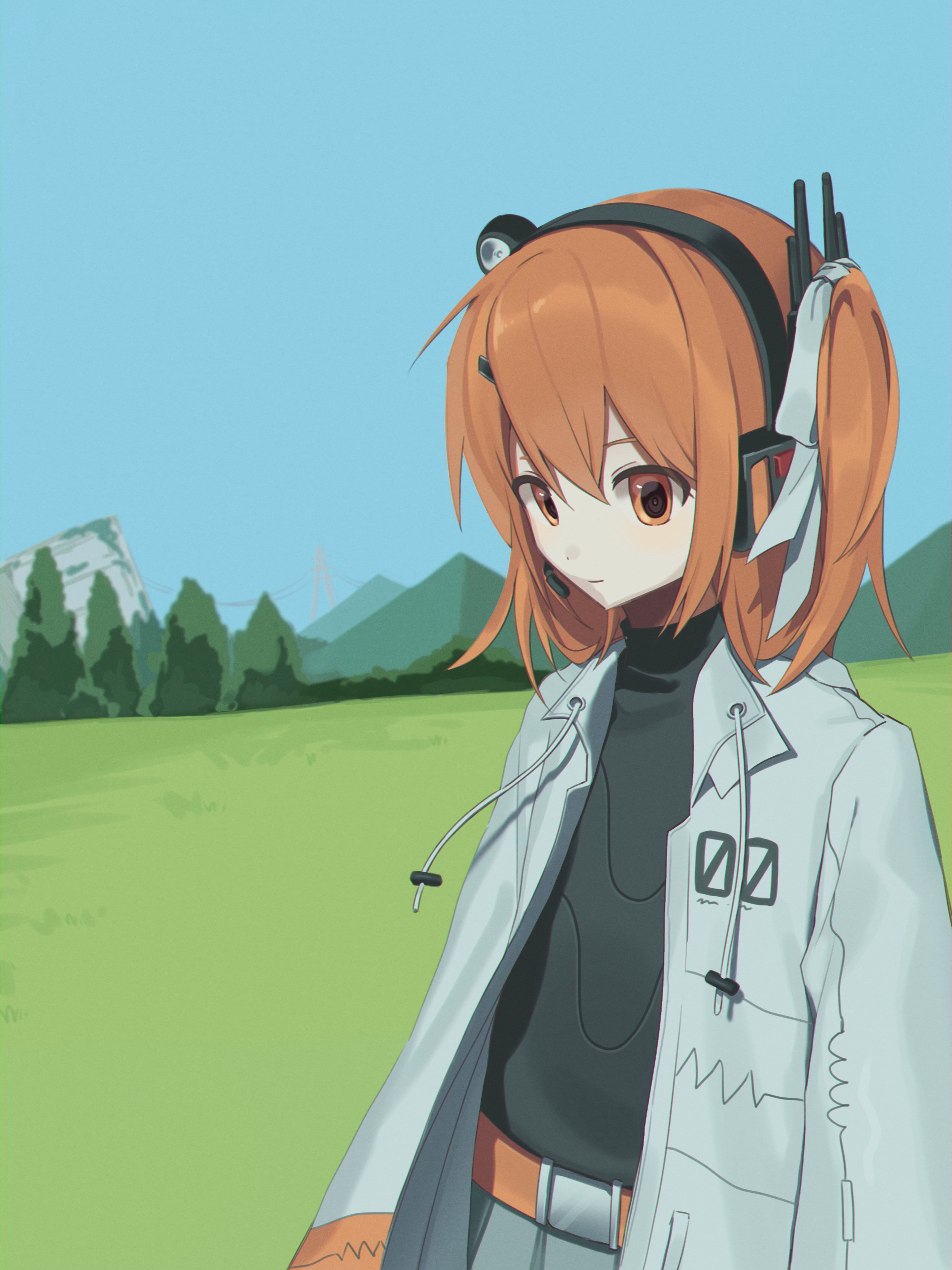 adachi rei, a.i. voice, utau, absurdres, highres, 1girl, adapted costume, belt, black shirt, bow, closed mouth, coat, flat chest, hair bow, kynnn, long sleeves, looking at viewer, medium hair, mountainous horizon, one side up, open clothes, open coat, orange eyes, orange hair, outdoors, portrait, shirt, solo, upper body, white coat