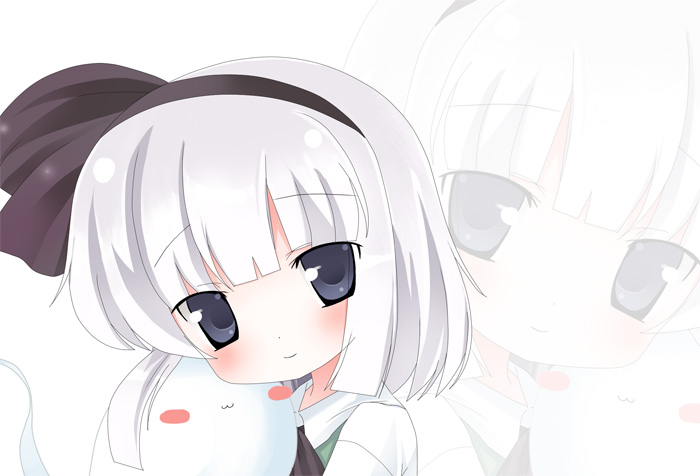 omiso, omiso (omiso), konpaku youmu, konpaku youmu (ghost), touhou, bad id, bad pixiv id, 1girl, :3, blue eyes, blush, blush stickers, female focus, hairband, hitodama, looking at viewer, solo, white hair, zoom layer