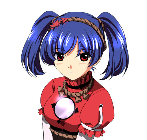 yamaguchi takashi, yamaguchi yuu, yasaka kanako, touhou, 1girl, alternate hairstyle, blue hair, female focus, hair ornament, leaf hair ornament, red eyes, solo, twintails