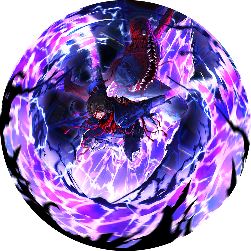 nai ga, outis (project moon), limbus company, project moon, game cg, official art, 1girl, armor, black boots, blue coat, blue pants, boots, breastplate, brown eyes, brown hair, coat, dark-skinned female, dark skin, dimension shredder (e.g.o), e.g.o (project moon), energy blade, knee pads, monster, pants, portal (object), pouch, solo, tentacles, thigh pouch, wayward passenger