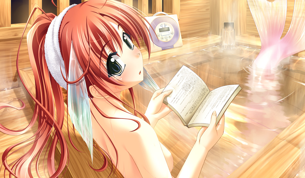 asanagi mio, asanagi no aquanauts, artist request, source request, 1girl, back, bath, blue eyes, blush, book, breasts, cd player, cd walkman, completely nude, female focus, fins, head fins, looking at viewer, looking back, mermaid, monster girl, multicolored eyes, nude, ponytail, red hair, small breasts, solo, towel, towel on head, water, window