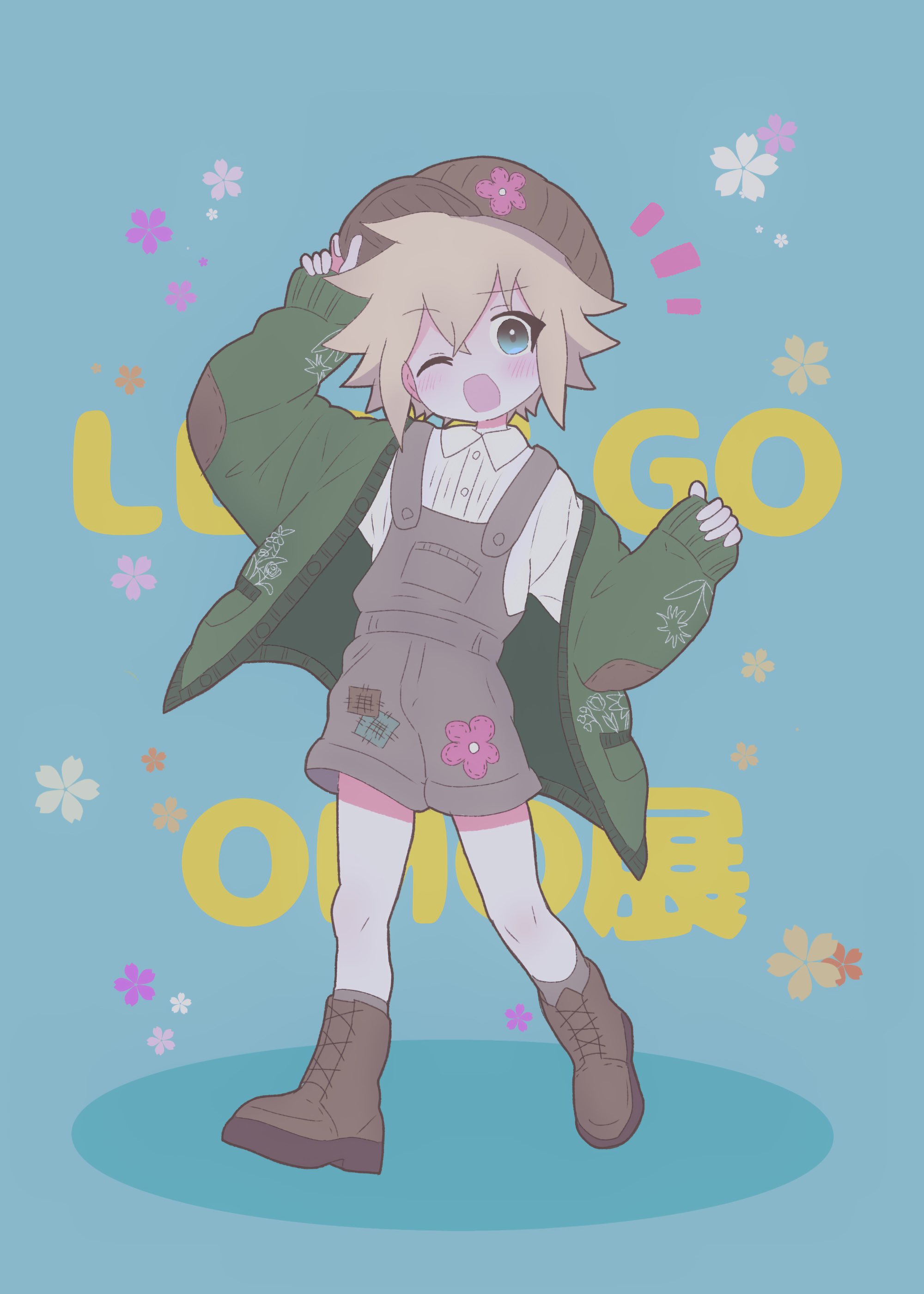 saji neko, basil (birthday) (omori), basil (faraway) (omori), basil (omori), omori, absurdres, highres, translation request, 1boy, adjusting clothes, adjusting headwear, arm up, blonde hair, blue background, blue eyes, boots, brown boots, brown hat, brown overalls, cardigan, collared shirt, full body, green cardigan, hat, lace-up boots, long sleeves, male focus, newsboy cap, open mouth, overall shorts, overalls, shirt, short hair, socks, solo, white shirt