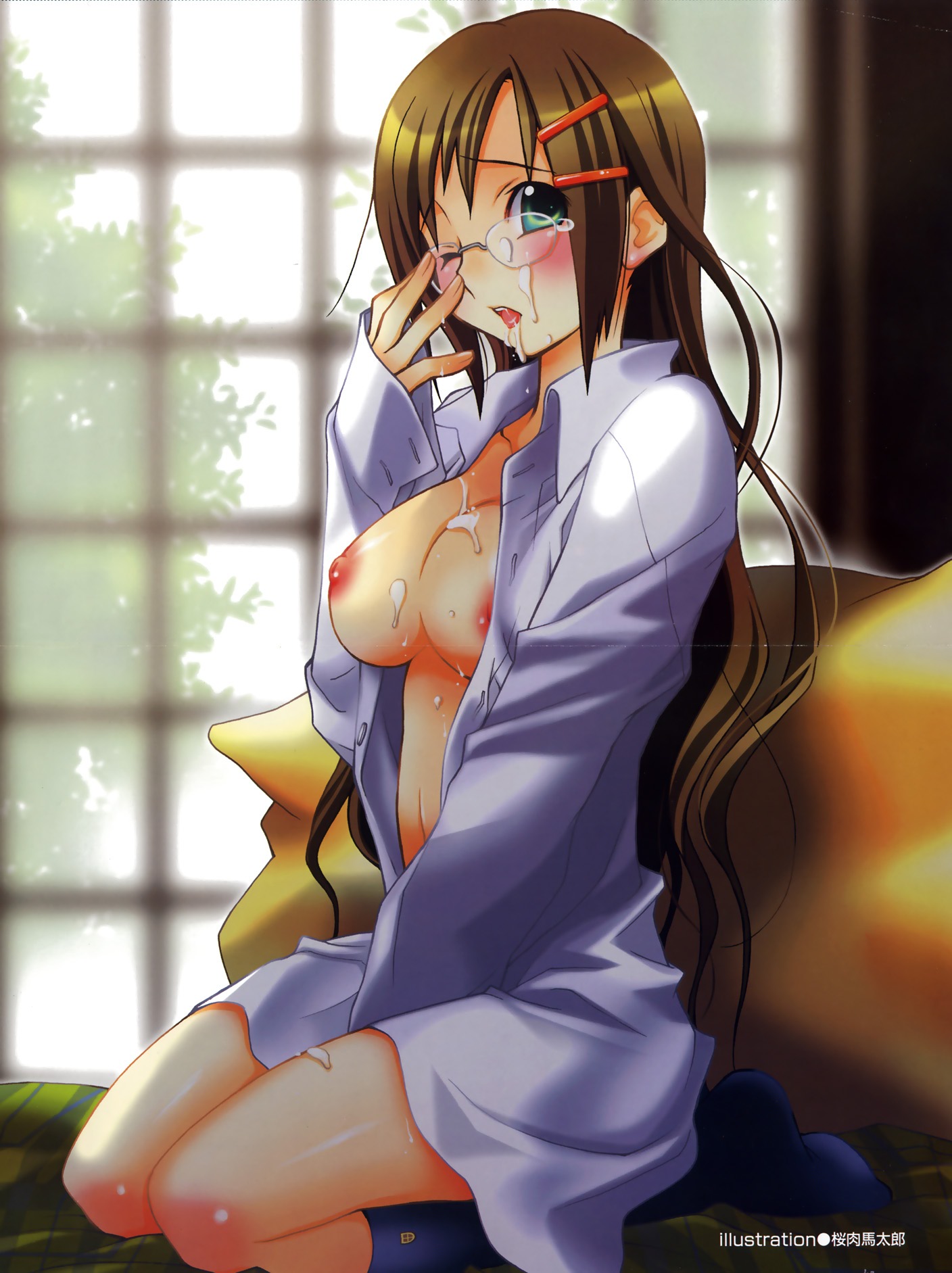 sakuraniku umatarou, highres, 1girl, blush, breasts, brown hair, cum, female focus, glasses, green eyes, hair ornament, hairclip, large breasts, open clothes, open shirt, shirt, socks, solo