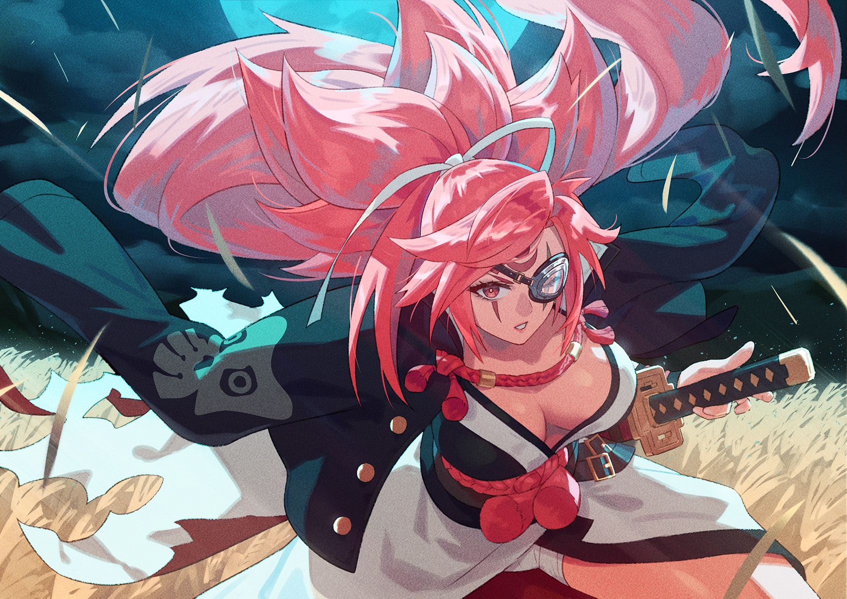 yagi2105, baiken, arc system works, guilty gear, 1girl, breasts, cleavage, eyepatch, long hair, pink hair, solo, sword, weapon