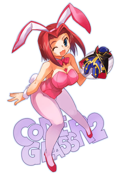 otabe sakura, kouzuki kallen, code geass, 00s, animal ears, between breasts, blue eyes, breasts, fake animal ears, leotard, one eye closed, pantyhose, pink pantyhose, playboy bunny, rabbit ears, red hair, solo, wink