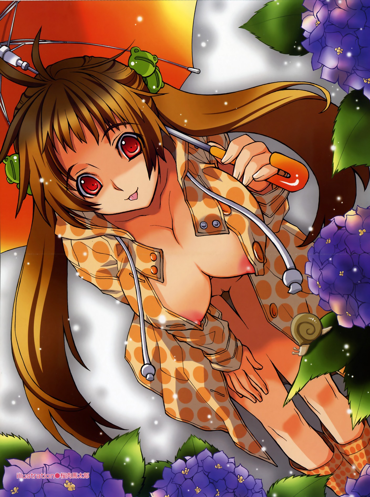sakuraniku umatarou, highres, scan, 1girl, :p, bent over, bottomless, breasts, brown hair, cleavage, coat, female focus, flower, frog hair ornament, hair ornament, hanging breasts, hydrangea, jacket, large breasts, leaning forward, naked raincoat, nipples, no bra, no panties, open clothes, open coat, open shirt, pussy, raincoat, red eyes, shirt, snail, solo, thigh gap, thighs, tongue, tongue out, twintails, umbrella, uncensored