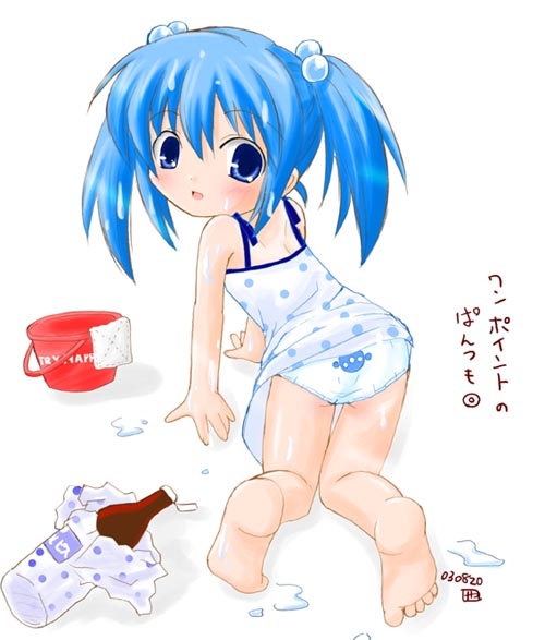 calpis-tan, calpis, artist request, 00s, 1girl, 2003, all fours, august, back-print panties, barefoot, blue eyes, blue hair, blush, bottle, bucket, camisole, dated, dress, female focus, hair bobbles, hair ornament, loli, long hair, looking at viewer, looking back, open mouth, panties, polka dot, polka dot dress, print panties, puddle, sleeveless, sleeveless dress, solo, twintails, underwear, water, wet, white background, white dress, white panties