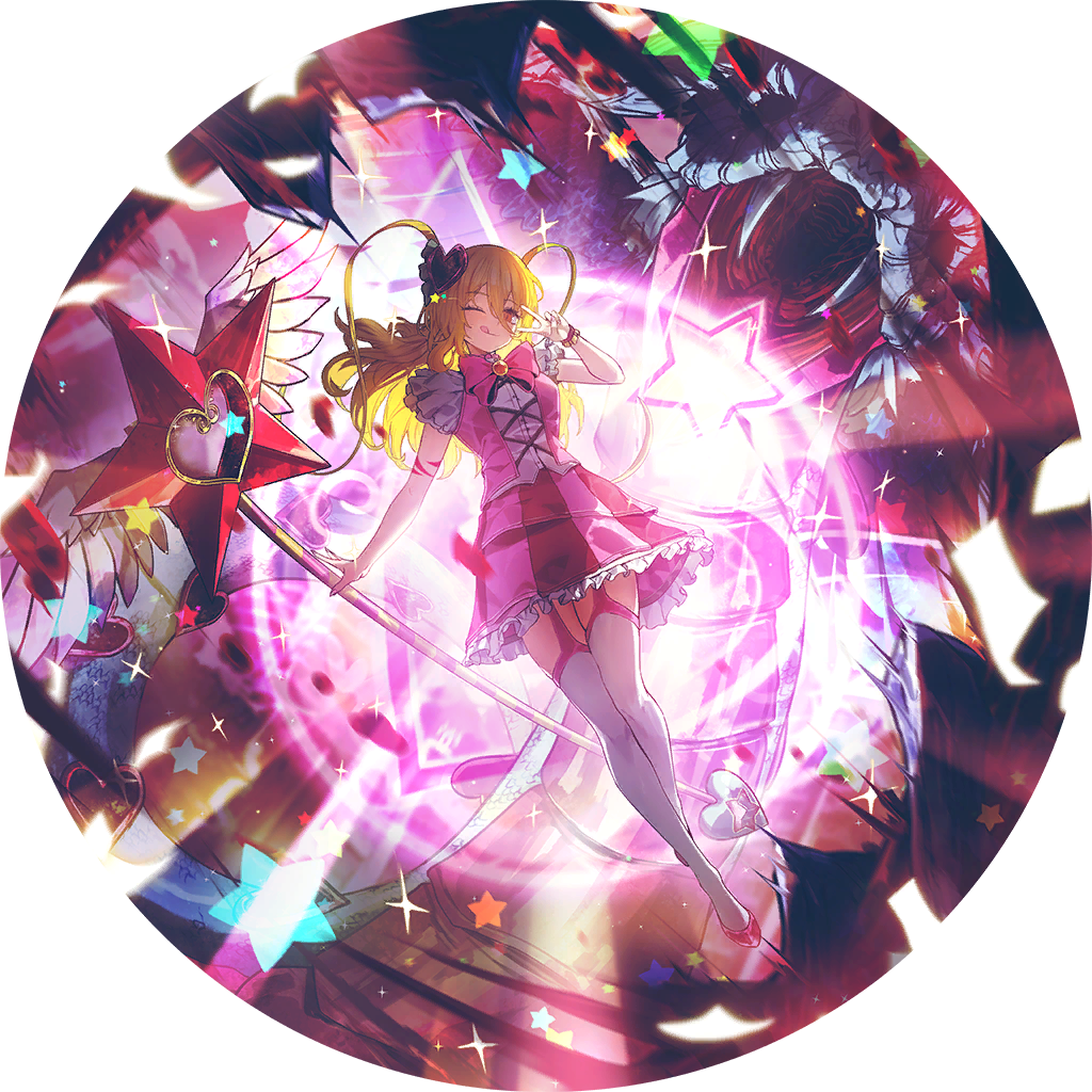 nai ga, don quixote (project moon), queen of hatred, limbus company, project moon, game cg, official art, 1girl, blonde hair, bow, bowtie, dress, e.g.o (project moon), feathered wings, frilled dress, frills, garter straps, hair ornament, heart, heart hair ornament, holding, holding staff, in the name of love and hate (e.g.o), magical girl, one eye closed, pink bow, pink dress, pink slippers, scar, scar on arm, single wrist cuff, slippers, snake, solo, staff, star (symbol), thighhighs, tongue, tongue out, twintails, v, white thighhighs, wings, wrist cuffs, yellow eyes