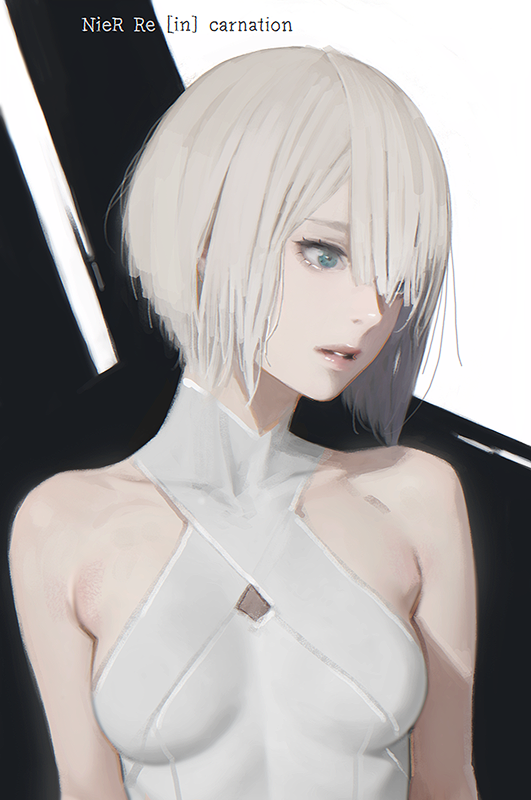 d.k, nier (series), nier reincarnation, character request, commentary, symbol-only commentary, 1girl, asymmetrical bangs, black background, blue eyes, breasts, collarbone, copyright name, medium breasts, parted bangs, parted lips, pink lips, short hair, solo, upper body, white background, white hair
