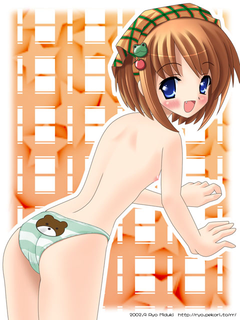 mizuki ryo, mizuki ryou (r-room), yamato suzuran, suigetsu, plaid, 1girl, animal print, ass, back, back-print panties, bear panties, bear print, blue eyes, blush, brown hair, fang, female focus, flat chest, frog hair ornament, hair ornament, hat, kunreishiki, loli, looking back, nipples, panties, print panties, romaji text, short hair, solo, striped clothes, striped panties, topless female, underwear, underwear only