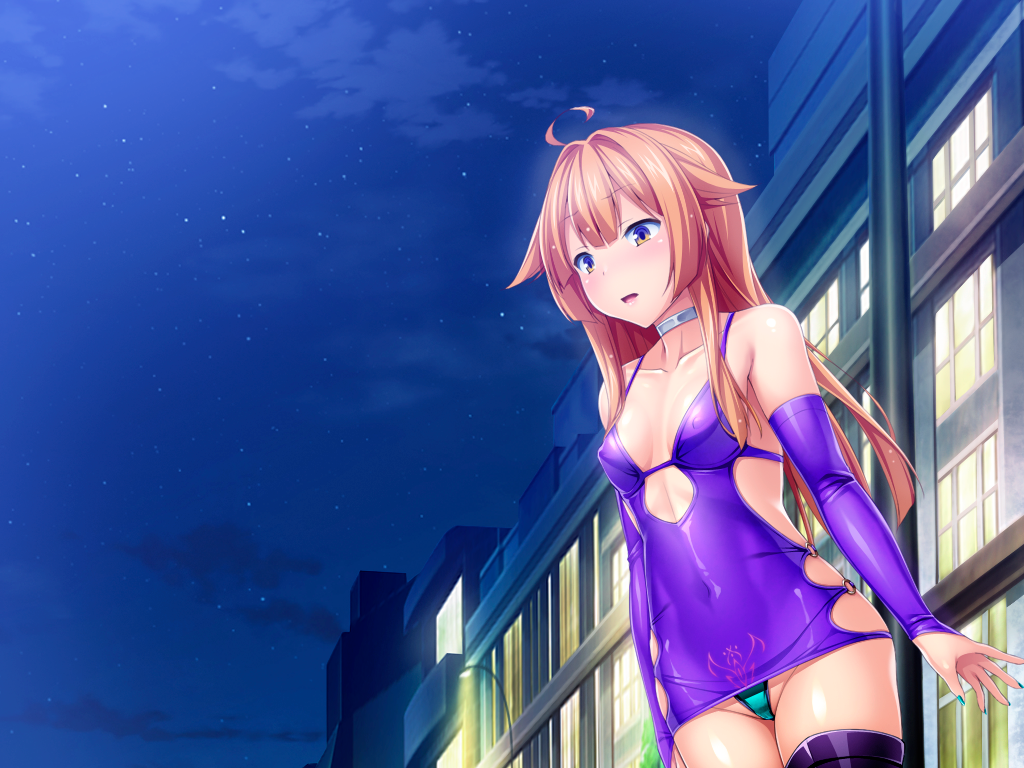 satou kuuki, amakubo yuri, kouyoku senki exs-tia, game cg, non-web source, official art, variant set, 1girl, ahoge, aqua panties, arms at sides, bare shoulders, black thighhighs, blue panties, blush, breasts, brown hair, building, cameltoe, choker, clothing cutout, cloud, collar, collarbone, corruption, covered erect nipples, covered navel, cowboy shot, detached sleeves, dress, elbow gloves, exhibitionism, from below, gloves, green panties, groin, hair flaps, highleg, highleg panties, lamppost, latex, long hair, looking down, microdress, nail polish, night, night sky, no bra, open mouth, orange hair, outdoors, panties, pantyshot, pubic tattoo, pubic tattoo through clothing, public indecency, purple dress, purple eyes, purple sleeves, purple thighhighs, shiny clothes, shiny skin, short dress, side cutout, sideless outfit, sidelocks, skin tight, skindentation, sky, sleeveless, sleeveless dress, small breasts, solo, standing, star (sky), starry sky, string panties, tattoo, teeth, thigh strap, thighhighs, tight clothes, tight dress, underwear