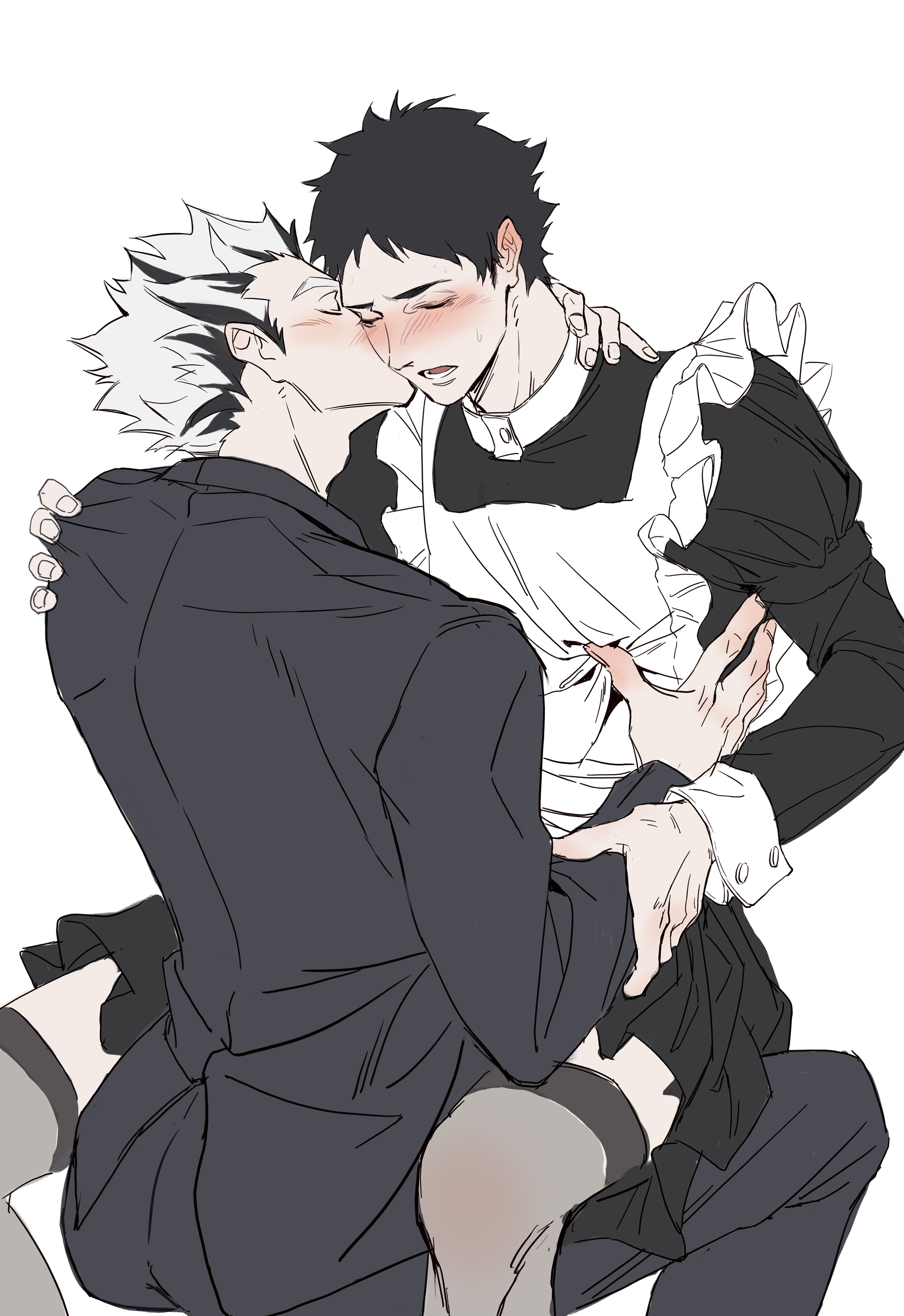 akaashi keiji, bokuto koutarou, haikyuu!!, absurdres, commentary, english commentary, highres, 2boys, alternate costume, black dress, black hair, black jacket, black pants, black suit, blush, collared dress, crossdressing, crossdressing (mtf), dress, enmaided, formal clothes, grey hair, hand on another's arm, hand on another's neck, invisible chair, jacket, kiss, kissing cheek, long sleeves, maid, male focus, male maid, multicolored hair, multiple boys, open mouth, pants, ppyufei, short hair, simple background, sitting, suit, suit jacket, thighhighs, white background, wrist cuffs, yaoi
