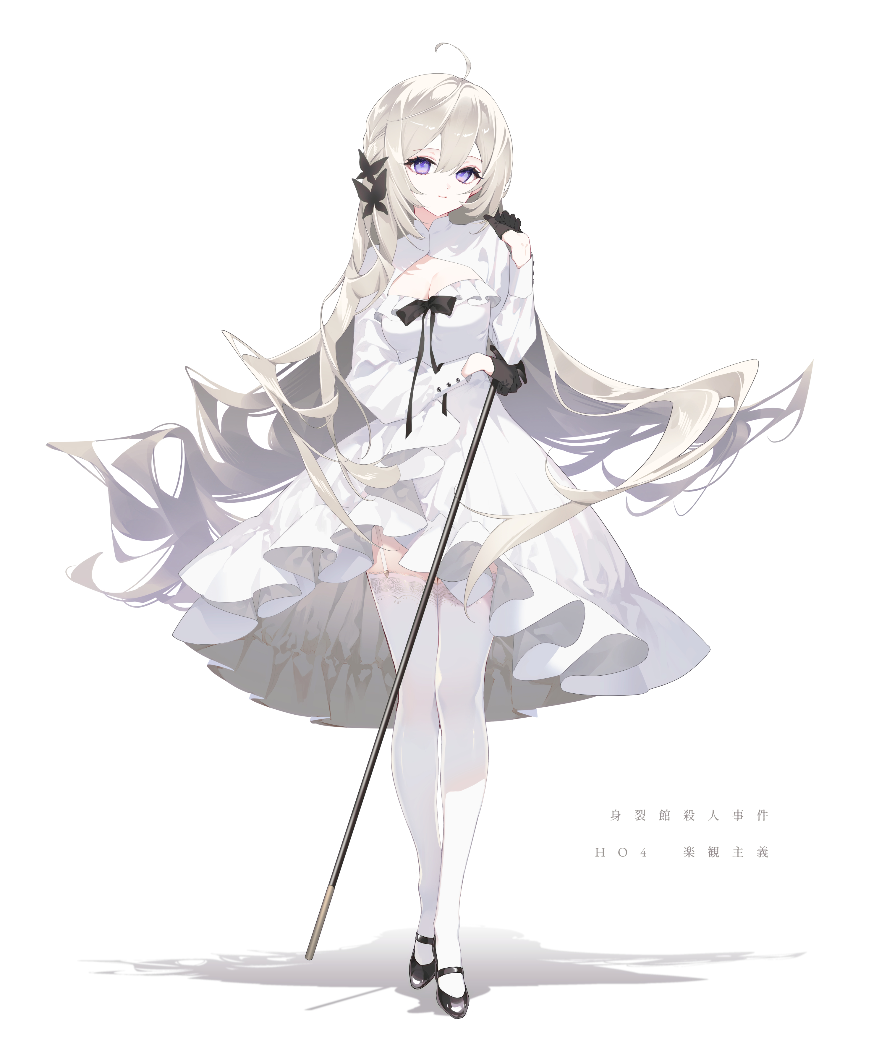 shiozaki shino, original, absurdres, highres, 1girl, ahoge, black gloves, black shoes, blonde hair, breasts, butterfly hair ornament, cane, cleavage, cleavage cutout, clothing cutout, dress, full body, garter straps, gloves, hair ornament, holding, holding cane, long hair, long sleeves, looking at viewer, purple eyes, shade, shoes, simple background, solo, standing, thighhighs, white background, white dress, white thighhighs