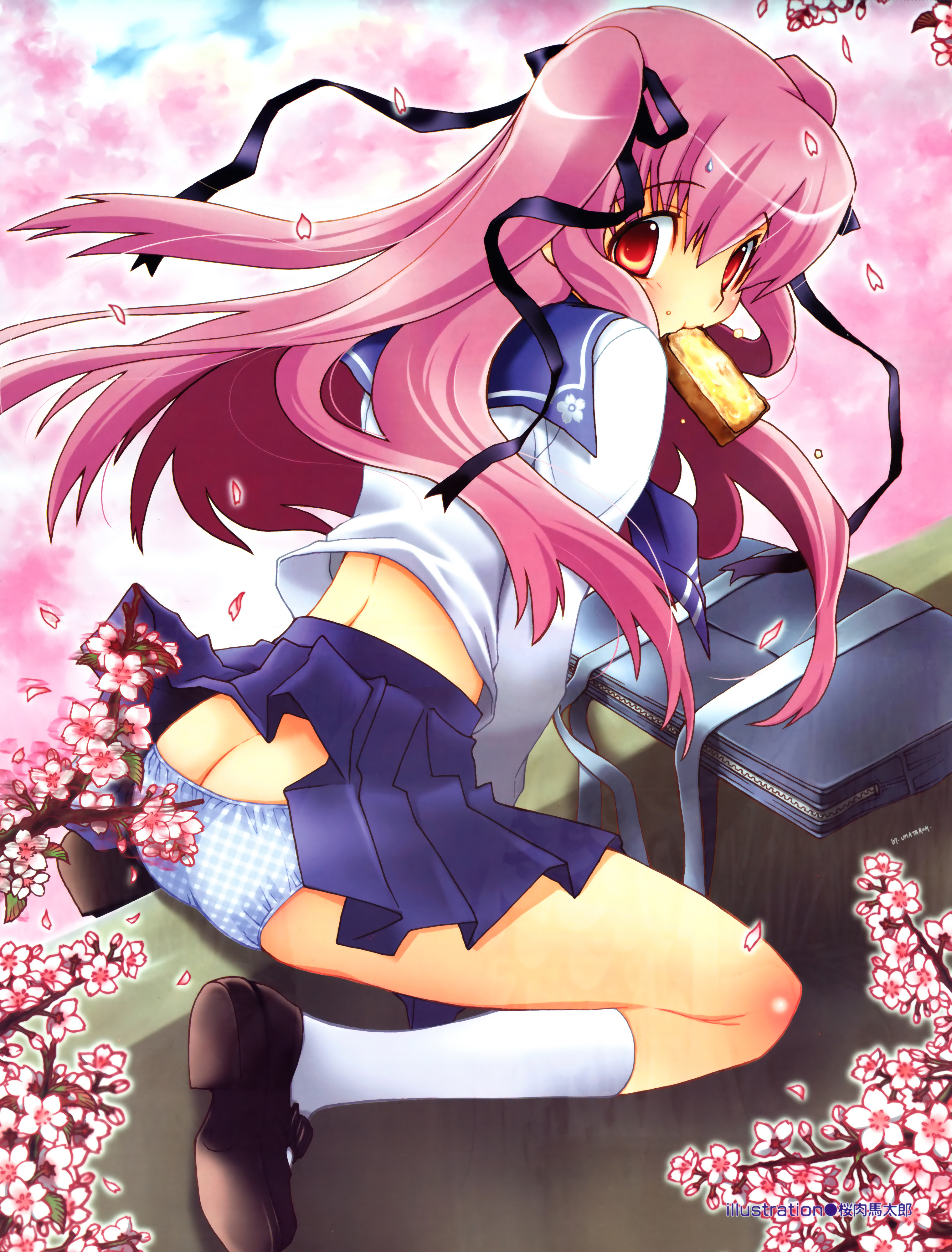 sakuraniku umatarou, original, absurdres, highres, 1girl, ass, bread, bread slice, butt crack, cherry blossoms, clothes lift, dated, female focus, food, kneehighs, mouth hold, panties, pink hair, red eyes, ribbon, school uniform, serafuku, skirt, skirt lift, socks, solo, toast, underwear, white socks