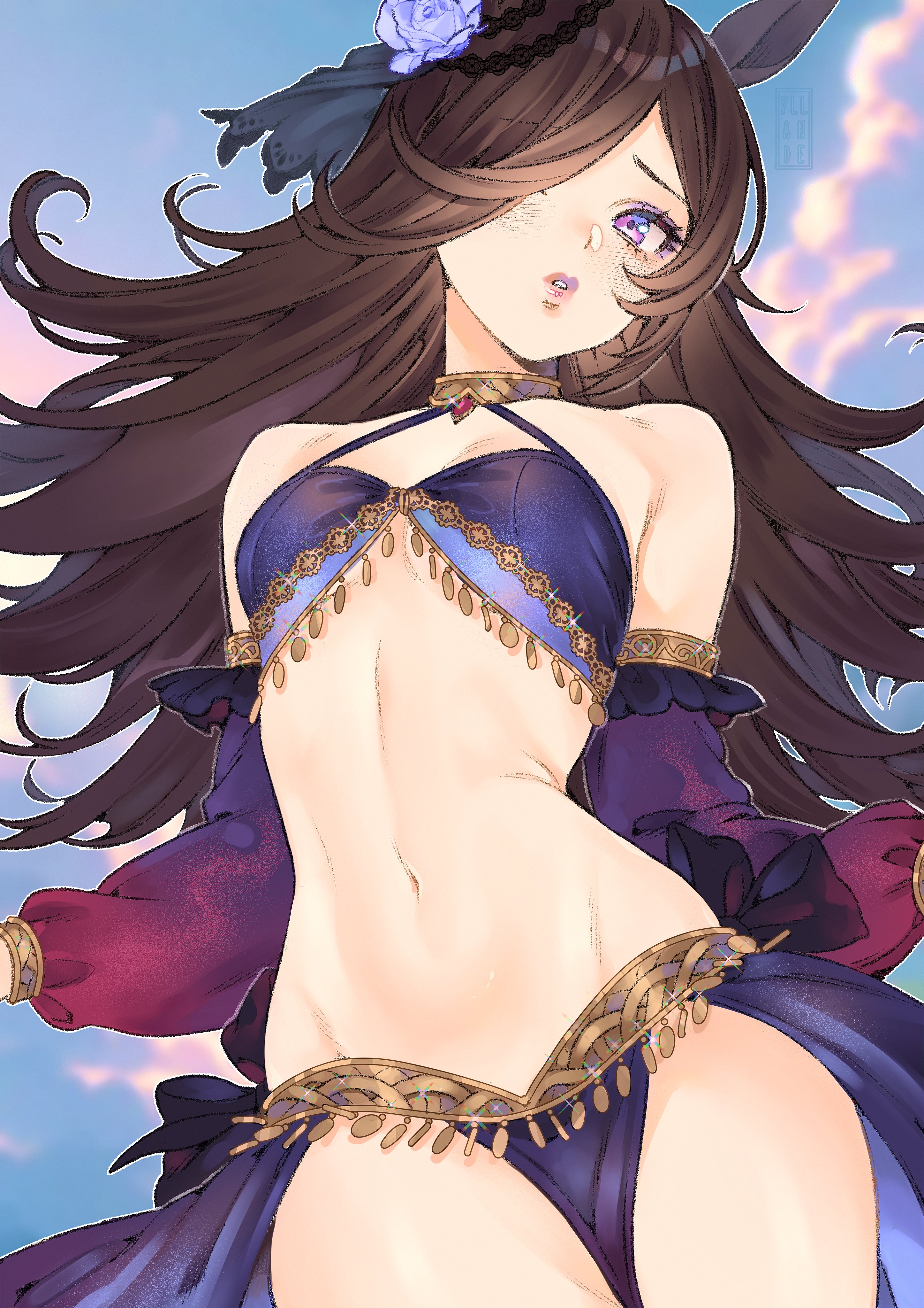 yiiande, rice shower (umamusume), umamusume, absurdres, highres, 1girl, brown hair, detached sleeves, jewelry, long hair, looking at viewer, midriff, navel, neck ring, purple eyes, revealing clothes, solo