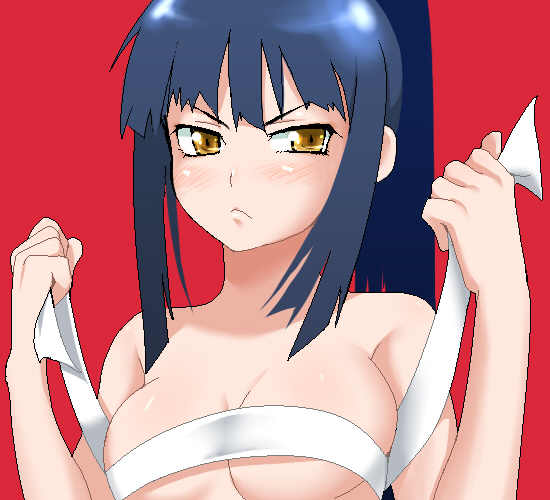 aobe, bushidou (sekaiju), bushidou 2 (sekaiju), atlus, etrian odyssey, bad id, bad pixiv id, 1girl, :<, angry, bandages, bare shoulders, blush, body blush, breasts, bursting breasts, embarrassed, female focus, frown, holding, large breasts, long hair, looking at viewer, ponytail, samurai, sarashi, sideboob, simple background, solo, underboob, undressing, upper body, yellow eyes