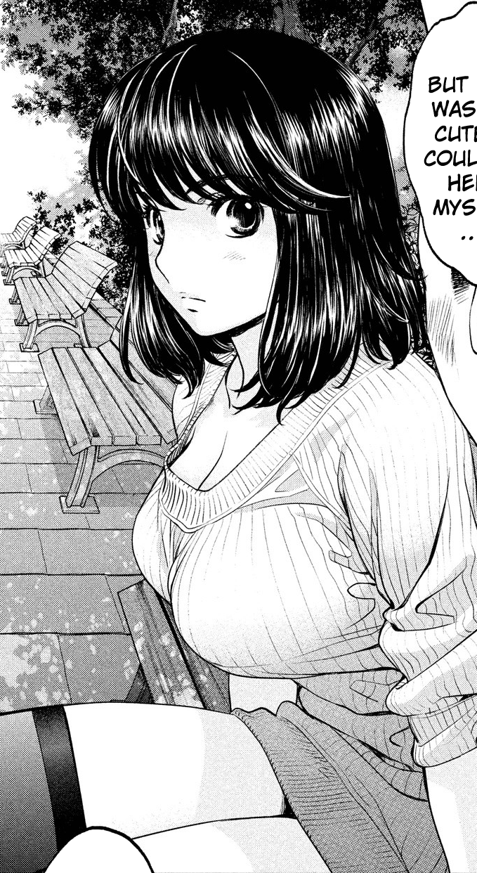 kobayashi hiyoko, amamiya (hantsu x trash), hantsu x trash, highres, non-web source, 1girl, bench, black hair, breasts, cleavage, from side, large breasts, looking at viewer, monochrome, ribbed sweater, sitting, skirt, sweater, thighhighs, thighs, tree
