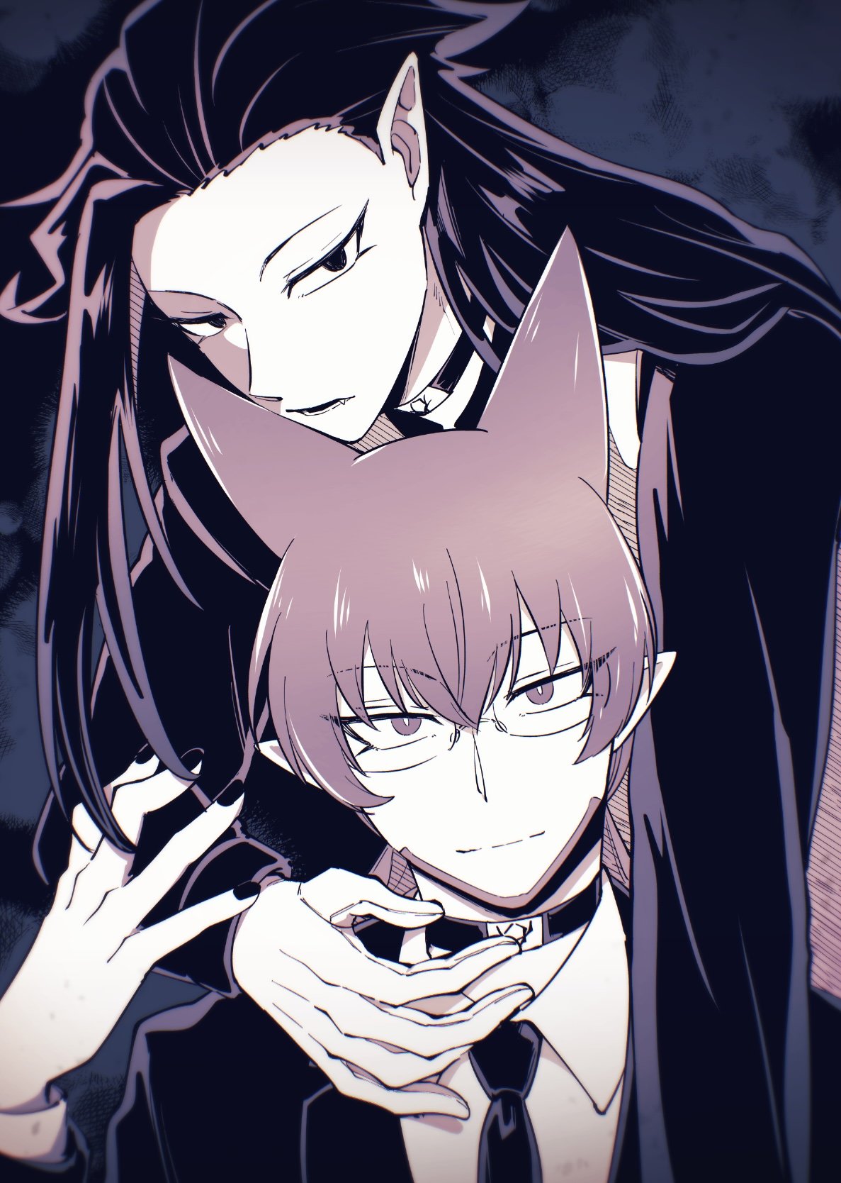 mairimashita! iruma-kun, highres, 2boys, azazel henri, beard, choker, collared shirt, facial hair, fang, formal clothes, glasses, gloves, hair between eyes, isiko mim z, long hair, looking at viewer, male focus, monochrome, multiple boys, naberius narnia, nail polish, necktie, pointy ears, shirt, slit pupils, smile, suit, upper body