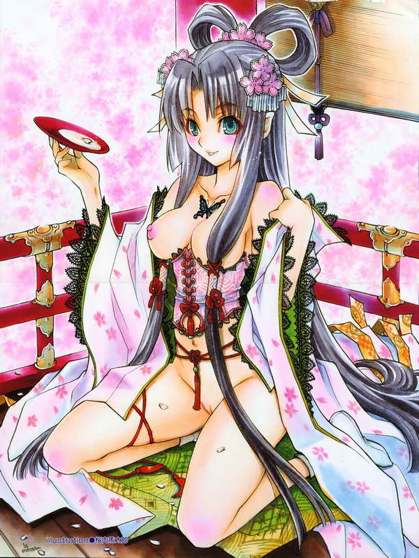 sakuraniku umatarou, jpeg artifacts, 1girl, :p, alcohol, blue eyes, blue hair, bottomless, breasts, cup, female focus, japanese clothes, large breasts, long hair, matching hair/eyes, pussy, sakazuki, sake, socks, solo, tongue, tongue out