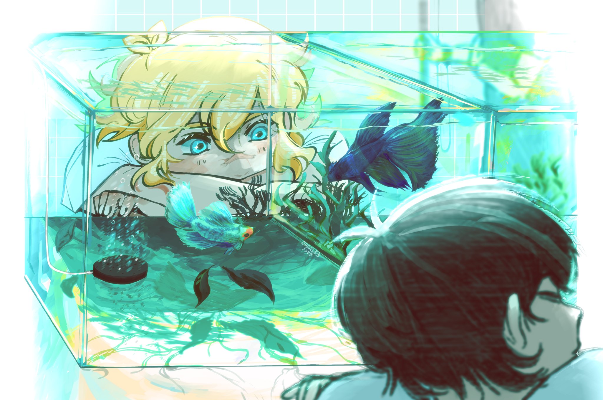 charlesfirework, basil (faraway) (omori), basil (omori), sunny (omori), omori, highres, 2boys, antenna hair, black hair, blonde hair, blue eyes, closed eyes, crossed arms, double-parted bangs, fish, fish tank, male focus, multiple boys, scar, scar on face, scar on nose, shirt, short hair, short sleeves, siamese fighting fish, white shirt
