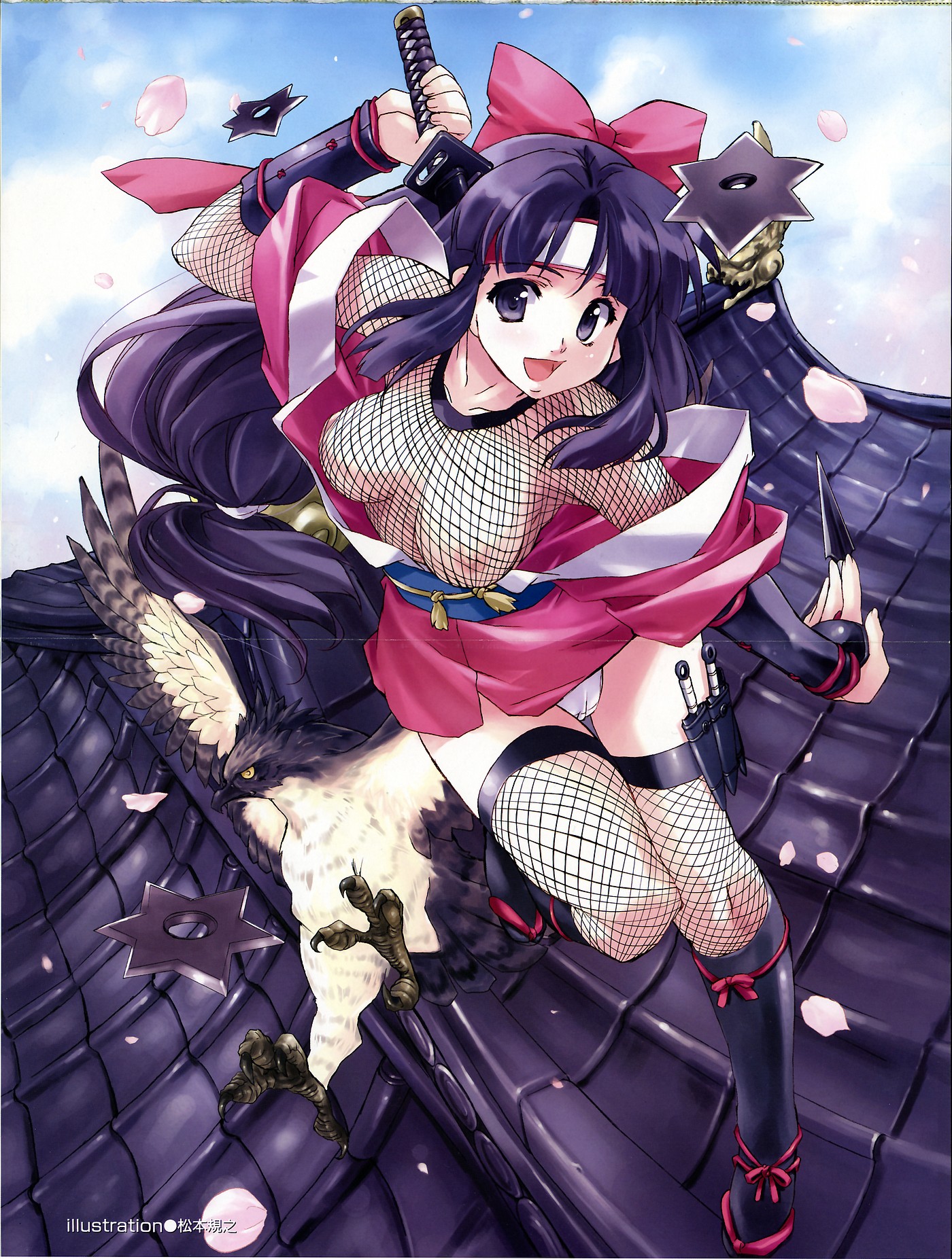 matsumoto noriyuki, onsokumaru, shinobu (ninin ga shinobuden), ninin ga shinobuden, highres, scan, scan artifacts, 00s, 1girl, armor, bird, blunt bangs, bow, breasts, cameltoe, cherry blossoms, crease, fishnet thighhighs, fishnet top, fishnets, hair bow, hawk, headband, japanese armor, japanese clothes, katana, kimono, kote, kunai, kurokote, large breasts, long hair, low-tied long hair, ninja, nipples, off shoulder, open clothes, open shirt, panties, pantyshot, petals, ponytail, purple eyes, purple hair, rooftop, shirt, short kimono, shuriken, smile, sword, thigh gap, thighhighs, thighs, underwear, very long hair, watermark, weapon