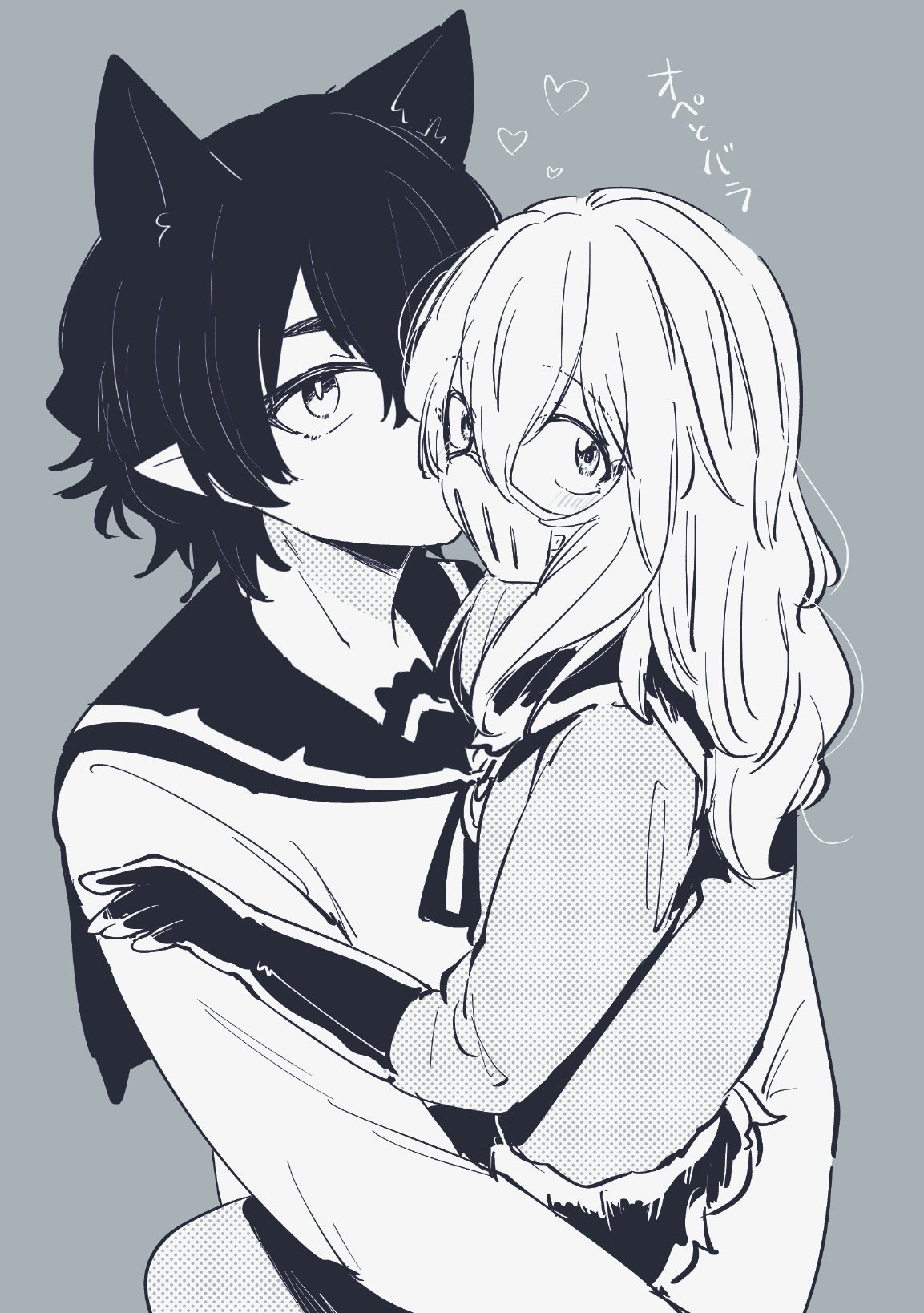 opera (iruma-kun), mairimashita! iruma-kun, highres, 1boy, 1other, animal ears, balam shichiro, carrying, carrying person, cat ears, cat tail, extra ears, fur trim, gloves, grey background, greyscale, hair between eyes, isiko mim z, long hair, long sleeves, mask, monochrome, mouth mask, pointy ears, sailor collar, school uniform, serafuku, shirt, short hair, simple background, tail, trap, upper body