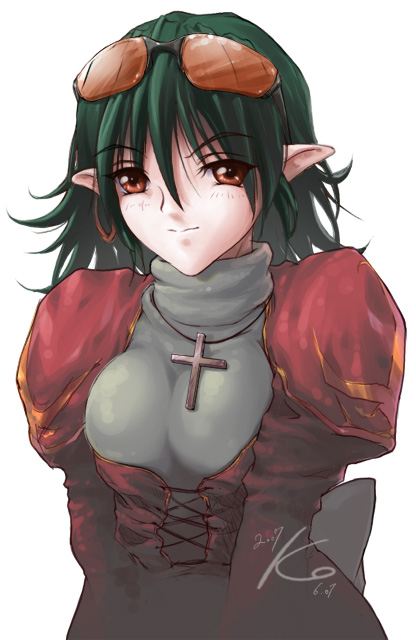tsujimura kasumi, high priest (ragnarok online), ragnarok online, cross, earrings, elf, eyewear on head, green hair, jewelry, latin cross, pointy ears, solo, split mouth, sunglasses, sunglasses on head