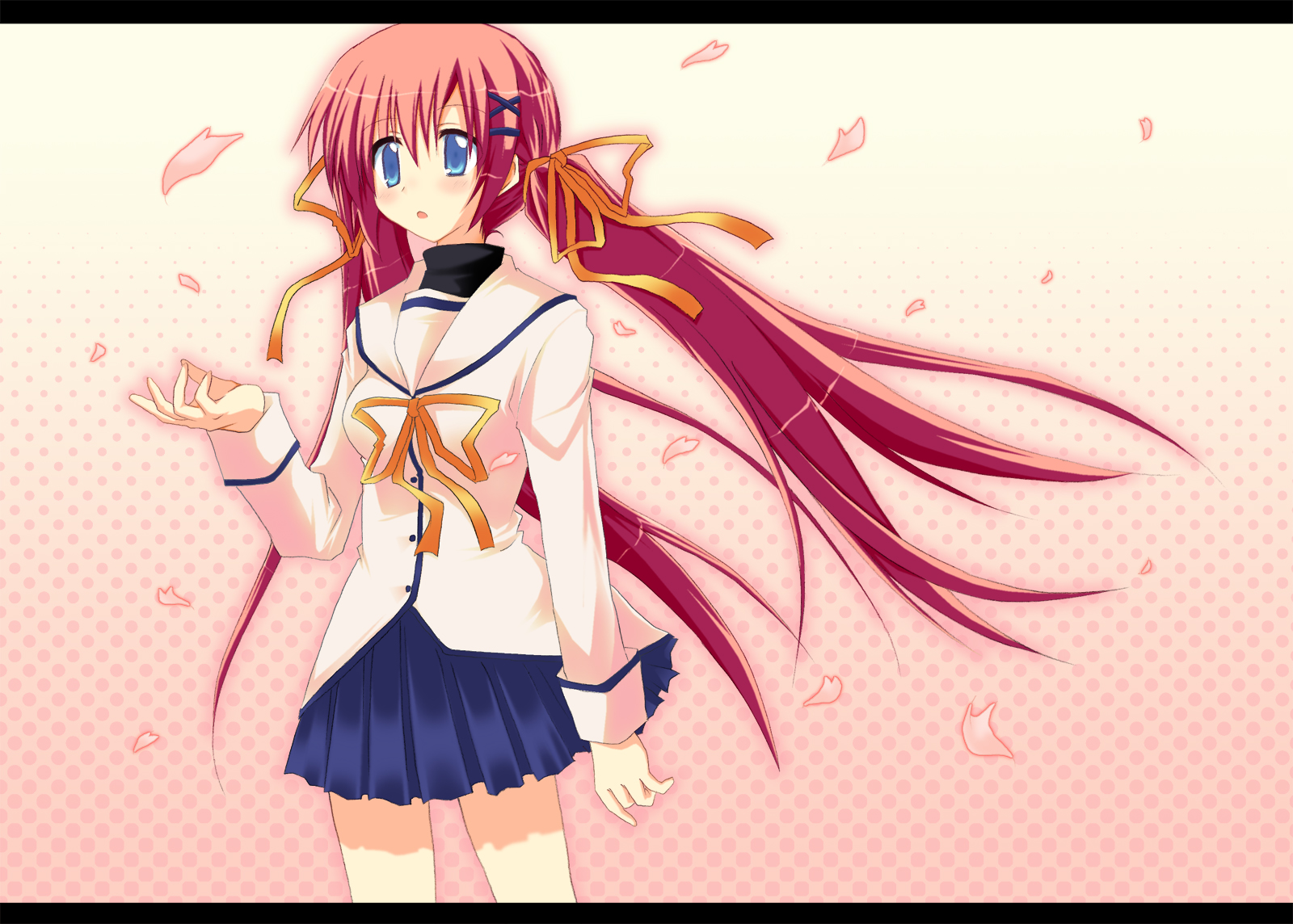 akane souichi, shirakawa nanaka, da capo, da capo ii, bad id, bad pixiv id, highres, 00s, blue eyes, cherry blossoms, hair ribbon, letterboxed, red hair, ribbon, school uniform, serafuku, solo, twintails