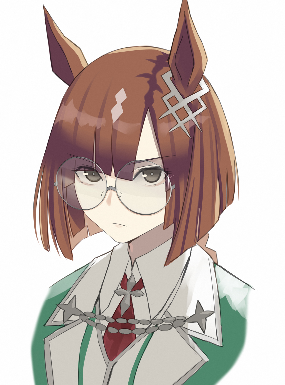 asakiri koko, ikuno dictus (umamusume), umamusume, commentary request, highres, 1girl, animal ears, blunt bangs, brown hair, collared shirt, cropped torso, glasses, green jacket, grey eyes, horse ears, horse girl, jacket, looking at viewer, medium hair, necktie, red necktie, round eyewear, shirt, sidelocks, simple background, solo, upper body, white background, white shirt