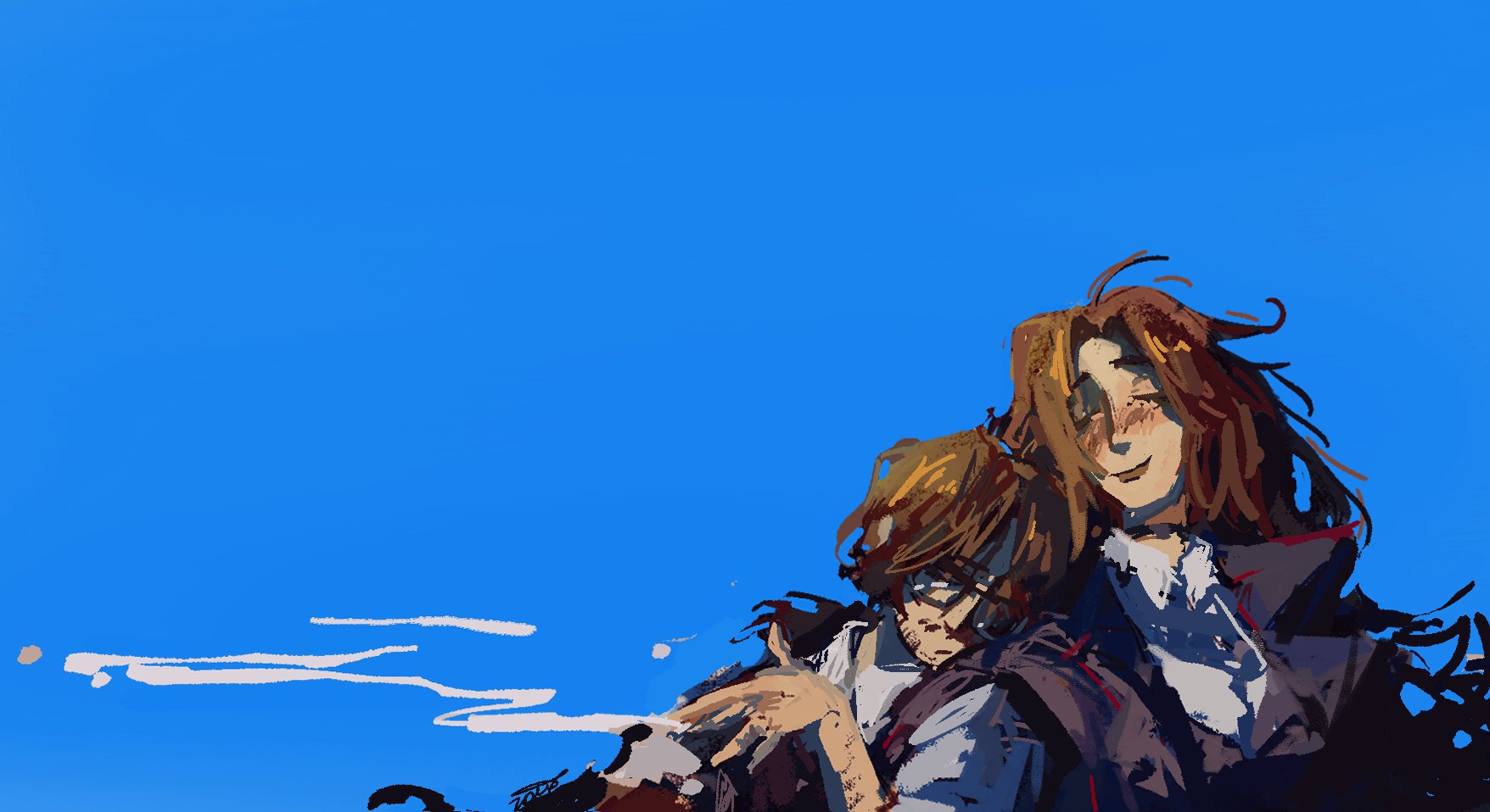 gregor (project moon), rodion (project moon), limbus company, project moon, highres, 05 zout, 1boy, 1girl, black coat, black vest, blue background, brown hair, closed eyes, coat, collared shirt, facial hair, glasses, long hair, looking at viewer, low ponytail, parted bangs, ponytail, shirt, simple background, upper body, vest, white shirt