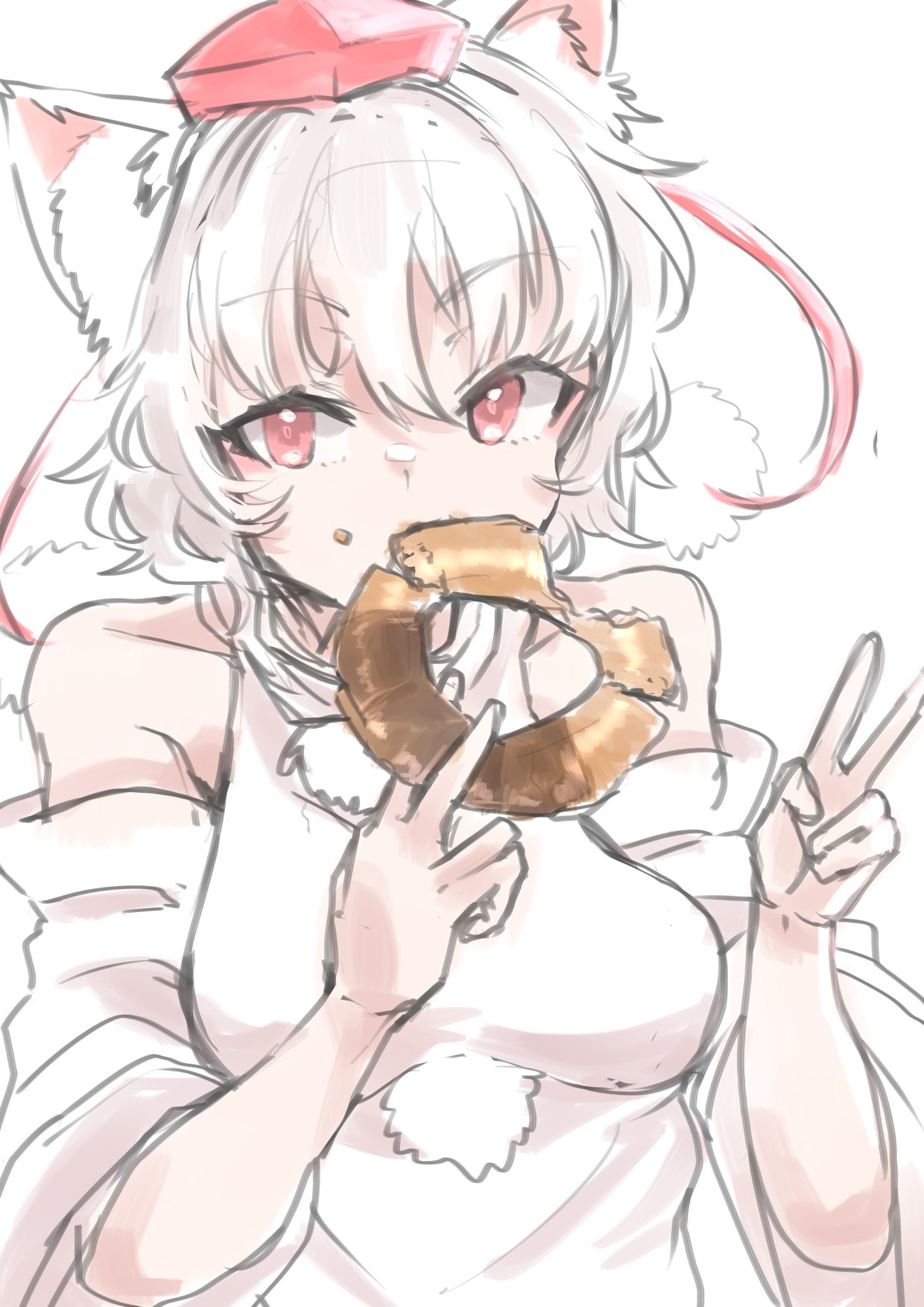 yoyoiro (sysi20), inubashiri momiji, touhou, commentary request, highres, 1girl, animal ear fluff, animal ears, arms up, breasts, detached sleeves, donut, eating, food, food on face, hair between eyes, hat, holding, holding donut, holding food, large breasts, long sleeves, old-fashioned donut, pom pom (clothes), red eyes, red hat, shirt, short hair, simple background, solo, tokin hat, upper body, v, white background, white hair, white shirt, wide sleeves, wolf ears, wolf girl