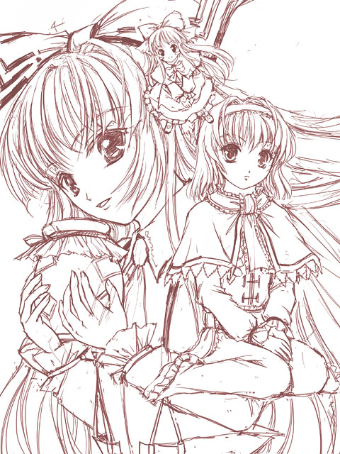 yuki shuuka, alice margatroid, fujiwara no mokou, shanghai doll, touhou, 2girls, ascot, bow, female focus, hair bow, hairband, jar, long hair, looking at viewer, monochrome, multiple girls, ofuda, red theme, ribbon, shirt, short hair, sitting, smile, v arms, very long hair, wariza