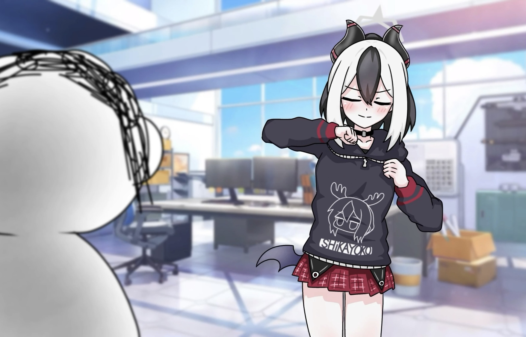 tomimon, doodle sensei (blue archive), kayoko (blue archive), sensei (blue archive), blue archive, shikanoko nokonoko koshitantan, commentary request, highres, 1boy, 1girl, black hair, black hoodie, blue sky, blurry, blurry background, blush, chair, closed eyes, closed mouth, cloud, day, depth of field, desk, game screenshot background, halo, hood, hood down, hoodie, horns, indoors, meme, monitor, multicolored hair, office chair, plaid clothes, plaid skirt, pleated skirt, ponytail, red skirt, screenshot background, shikairo days, shikairo days dance (meme), skirt, sky, swivel chair, two-tone hair, white hair, window