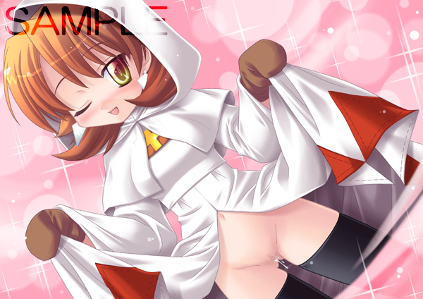 ishihara masumi, refia, white mage (final fantasy), final fantasy, final fantasy iii, 1990s (style), 1girl, censored, clothes lift, cum, cumdrip, earrings, female focus, jewelry, laughing, loli, no panties, nude, one eye closed, orange hair, pussy, retro artstyle, skirt, skirt lift, solo, thighhighs, upskirt, watermark, wink, yellow eyes