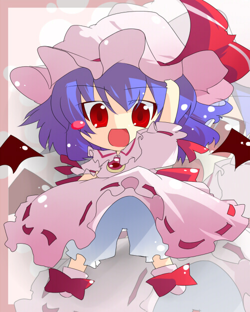 oka (bananashoe), remilia scarlet, touhou, 1girl, :d, arm up, blue hair, blush stickers, chibi, female focus, hat, open mouth, outstretched arm, pink hat, red eyes, ribbon, smile, solo, wings, zoom layer