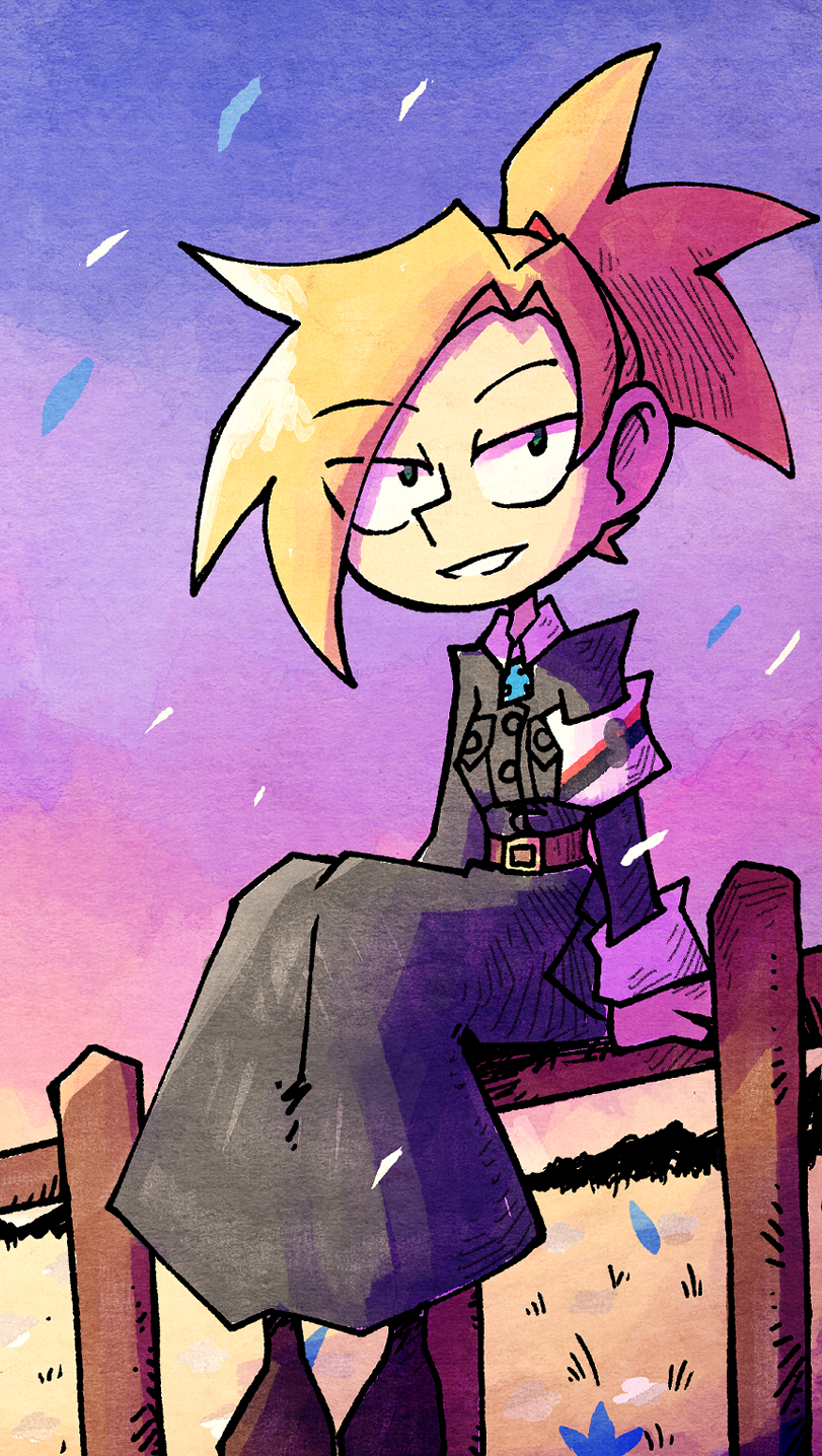 setz, helle (lotta svaerd), lotta svaerd: women of war, original, highres, armband, belt, blonde hair, boots, coat, dusk, fence, field, finland, grass, green eyes, grey coat, looking at viewer, lotta svaerd, ponytail, purple sky, sitting on fence, sky