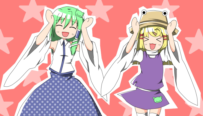 nanamomo rio, nanamomorio, kochiya sanae, moriya suwako, touhou, bad id, bad pixiv id, > <, 2girls, caramelldansen, closed eyes, female focus, hat, multiple girls