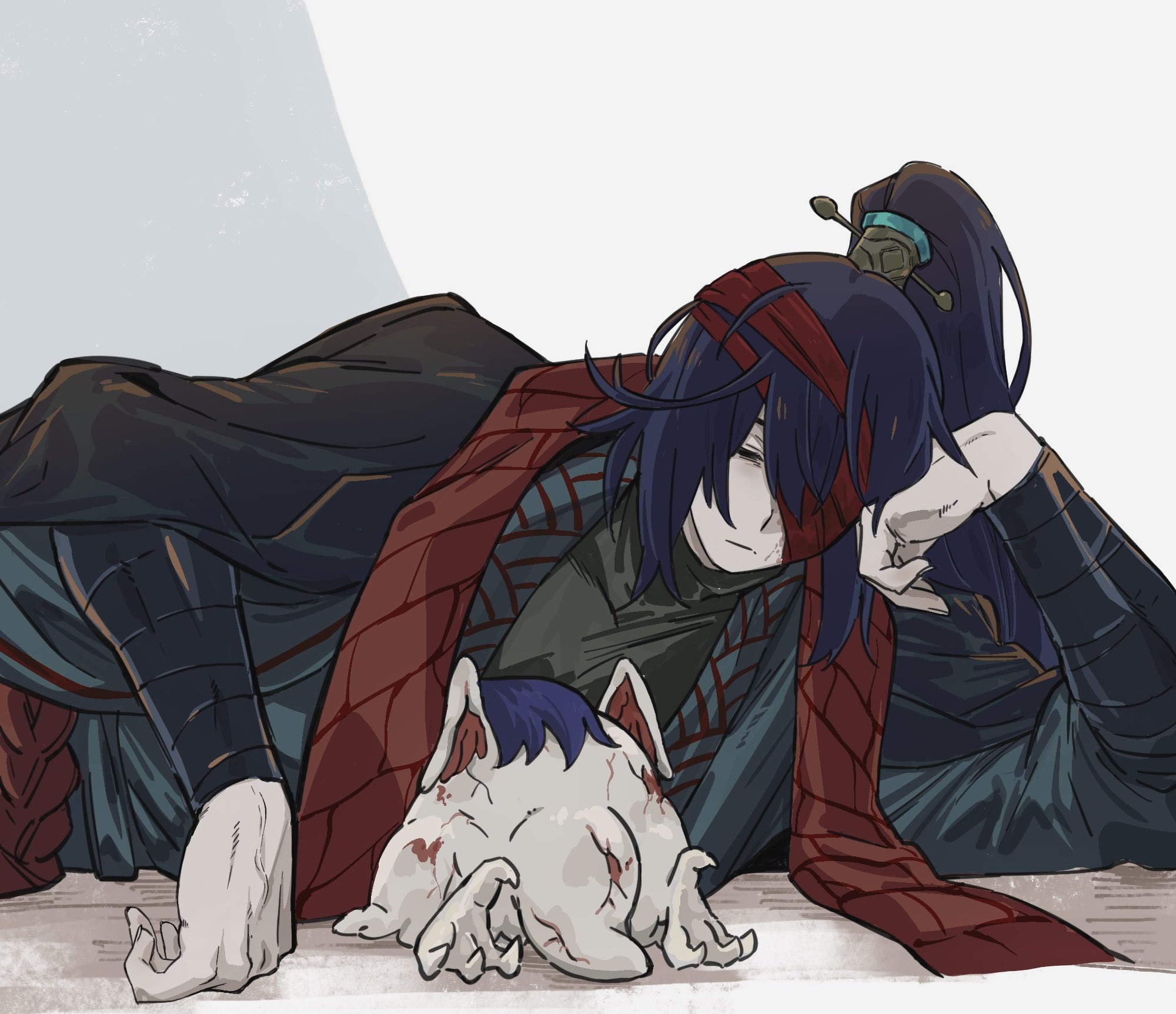 keisotu kuruu, hong lu (project moon), limbus company, project moon, highres, 1boy, arm wrap, bandage over one eye, black coat, black eyes, black hair, black hanfu, black sweater, blood, chinese clothes, coat, coat on shoulders, dragon, family hierarch candidate (identity) (project moon), hanfu, high ponytail, long hair, looking at viewer, lying, male focus, on side, ponytail, simple background, solo, stole, sweater, tears of the tarnished blood (e.g.o), upper body, white background