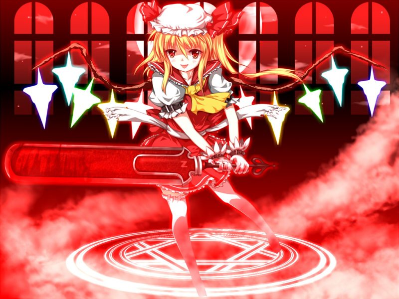 nanamomo rio, nanamomorio, flandre scarlet, touhou, bad id, bad pixiv id, 1girl, ascot, blonde hair, female focus, full body, glowing, hat, hexagram, holding, holding sword, holding weapon, magic circle, mob cap, red background, red eyes, red theme, solo, sword, thighhighs, weapon, white thighhighs, wings, yellow ascot