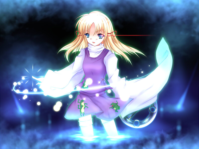nanamomo rio, nanamomorio, moriya suwako, pyonta, touhou, bad id, bad pixiv id, 1girl, blonde hair, blue eyes, female focus, glowing, glowing eyes, hair ribbon, magic, no headwear, ribbon, serious, solo, standing, wading, water