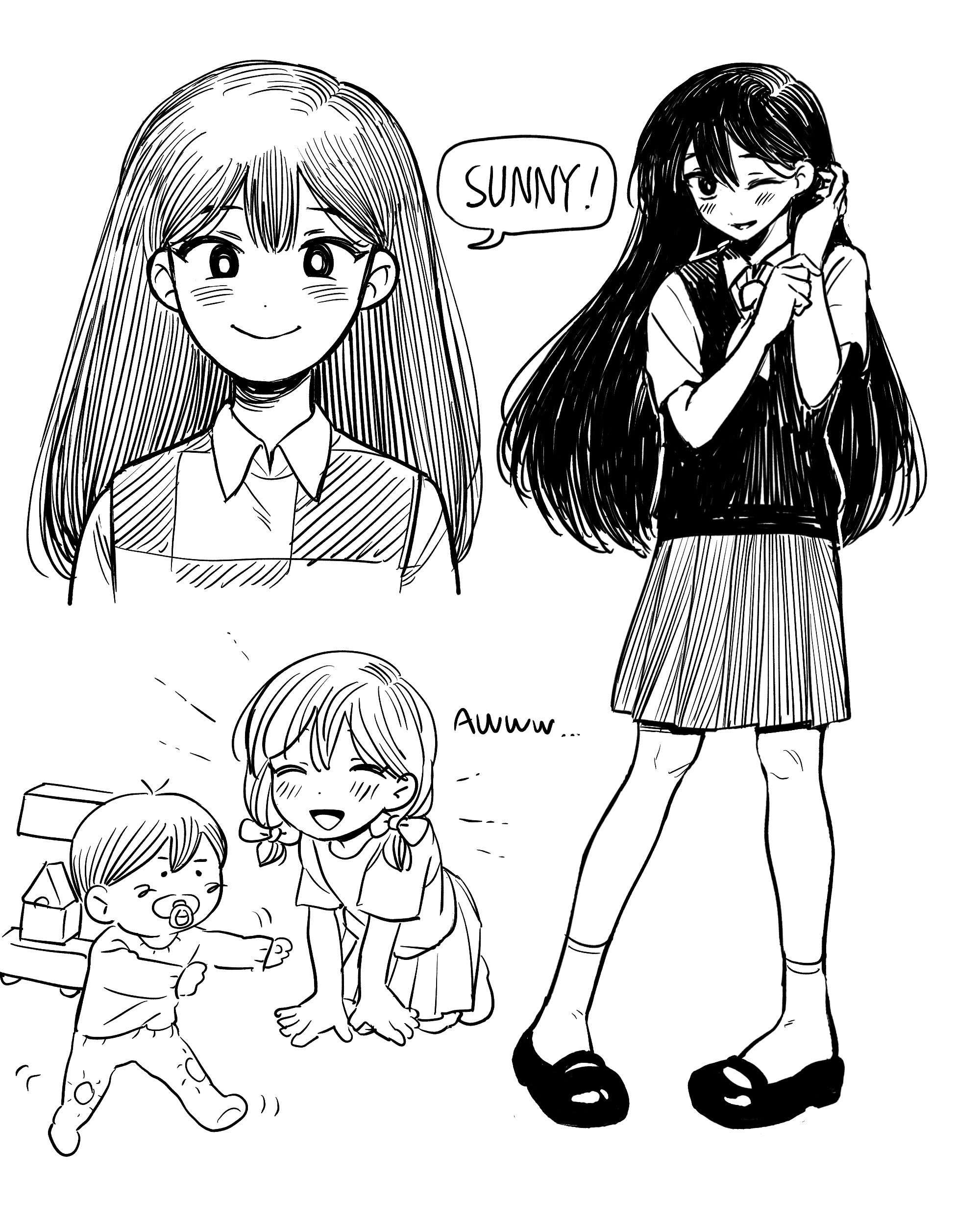 bu3hgg, mari (faraway) (omori), mari (headspace) (omori), mari (omori), sunny (omori), omori, absurdres, highres, 1boy, 2girls, aged down, antenna hair, blush, brother and sister, character name, closed mouth, collared shirt, double-parted bangs, dual persona, english text, greyscale, long hair, looking at viewer, monochrome, multiple girls, one eye closed, pacifier, pleated skirt, shirt, short hair, short sleeves, siblings, skirt, socks, speech bubble, sweater vest