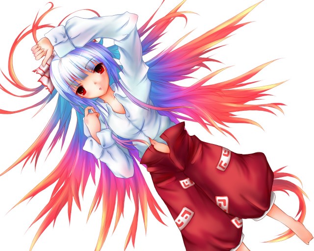 nanamomo rio, nanamomorio, fujiwara no mokou, touhou, silver hair, untied, bad id, bad pixiv id, 1girl, arm up, barefoot, blue hair, female focus, gradient hair, lying, multicolored hair, navel, ofuda, on back, orange hair, pants, pink hair, red eyes, solo