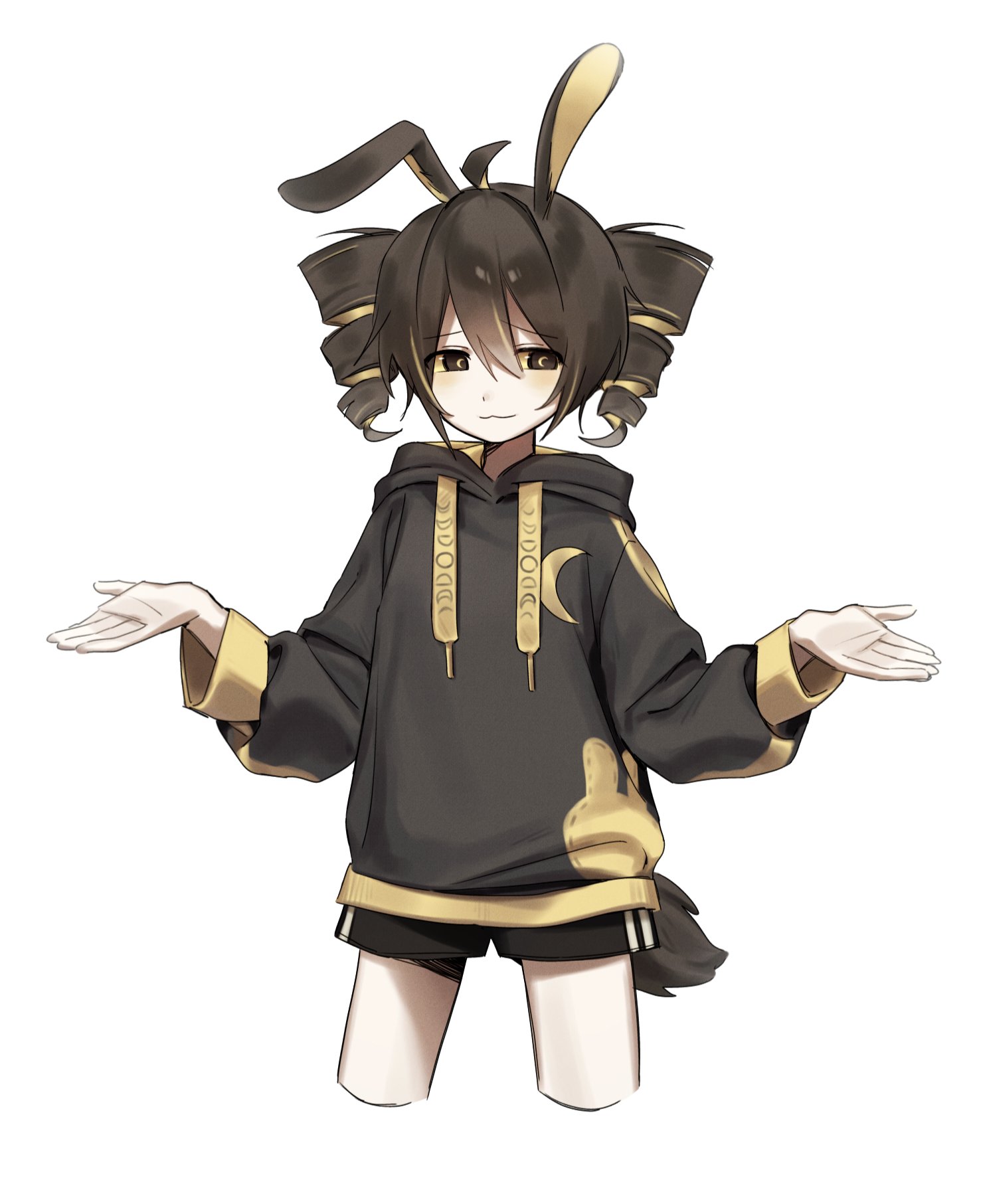 kasane teto, synthesizer v, utau, highres, 1girl, :3, ahoge, animal ears, black eyes, black hair, black hoodie, black shorts, closed mouth, crescent-shaped pupils, cropped legs, hair between eyes, hood, hood down, hoodie, kynnn, light blush, long sleeves, looking at viewer, musekinin shuugoutai (synthesizer v), rabbit ears, rabbit girl, rabbit tail, short hair, shorts, simple background, solo, symbol-shaped pupils, tail, white background