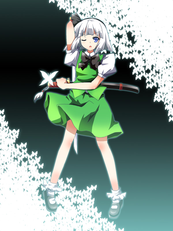 nanamomo rio, nanamomorio, konpaku youmu, touhou, silver hair, bad id, bad pixiv id, 1girl, blue eyes, bug, butter, butterfly, female focus, food, katana, solo, sword, weapon