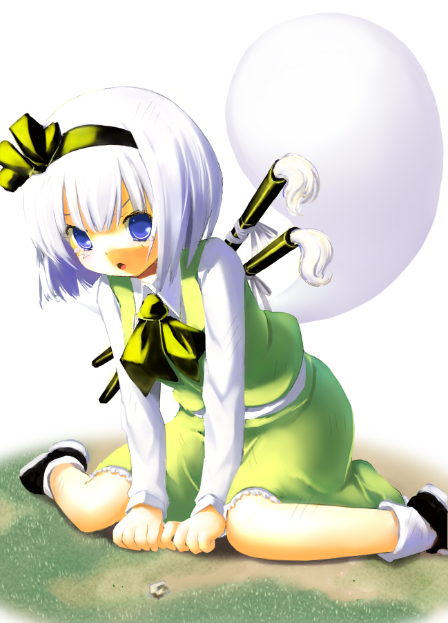 hirasawa akito, konpaku youmu, konpaku youmu (ghost), touhou, silver hair, bad id, bad pixiv id, 1girl, blue eyes, female focus, hairband, hitodama, katana, solo, sword, weapon