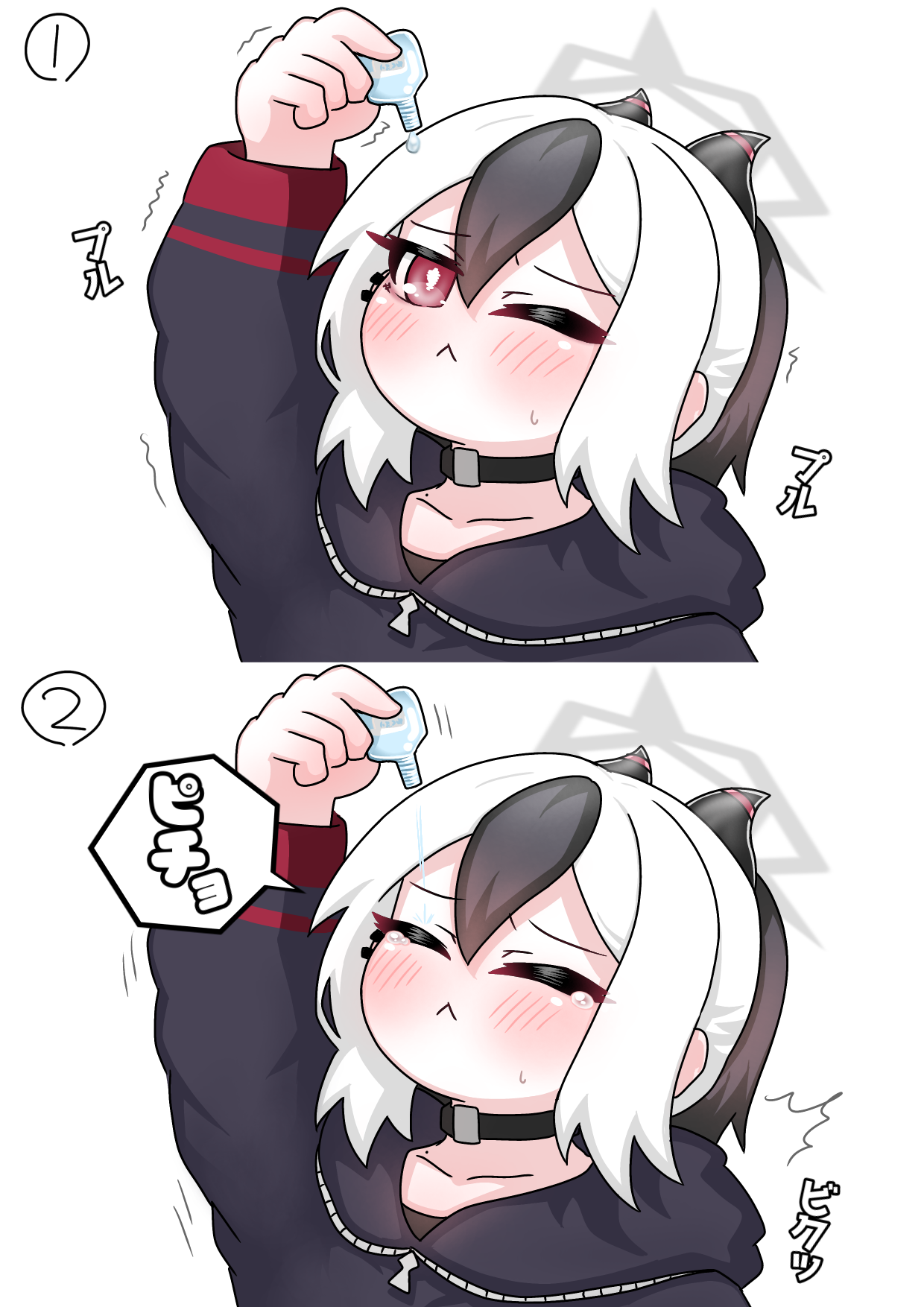 tomimon, kayoko (blue archive), blue archive, commentary request, highres, 1girl, :<, ;<, ^^^, arm up, black choker, black hair, black hoodie, chibi, choker, closed eyes, closed mouth, collarbone, cropped torso, ear piercing, eye drops, halo, hood, hood down, hoodie, horns, long sleeves, multicolored hair, one eye closed, piercing, puffy long sleeves, puffy sleeves, red eyes, simple background, trembling, two-tone hair, white background, white hair